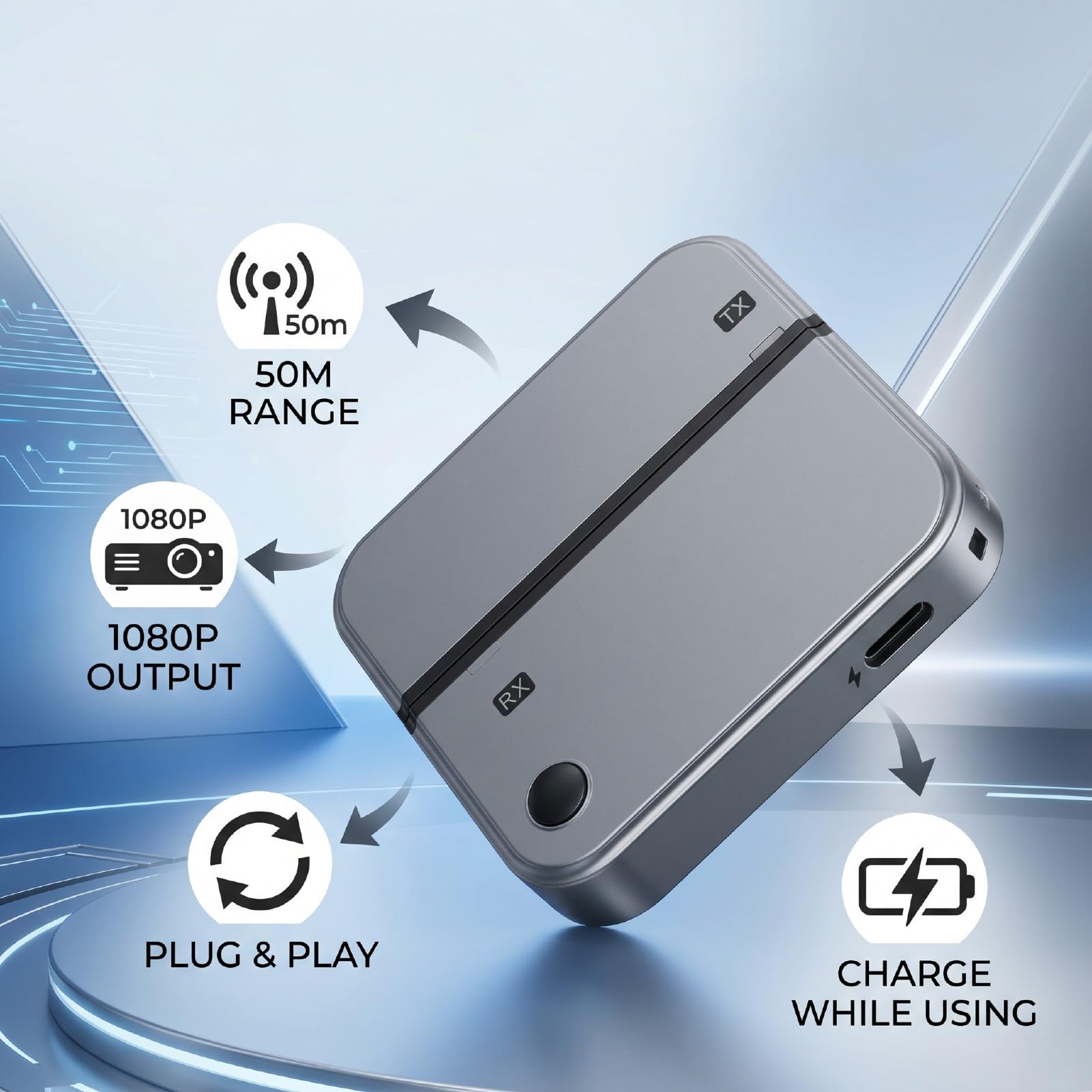 Émetteur et Récepteur HD sans Fil, Type C 5G 1080P 60 Hz 50 M Plug and Play, avec Mode émetteur-Récepteur pour Téléphone Portable PC vers Projecteur TV