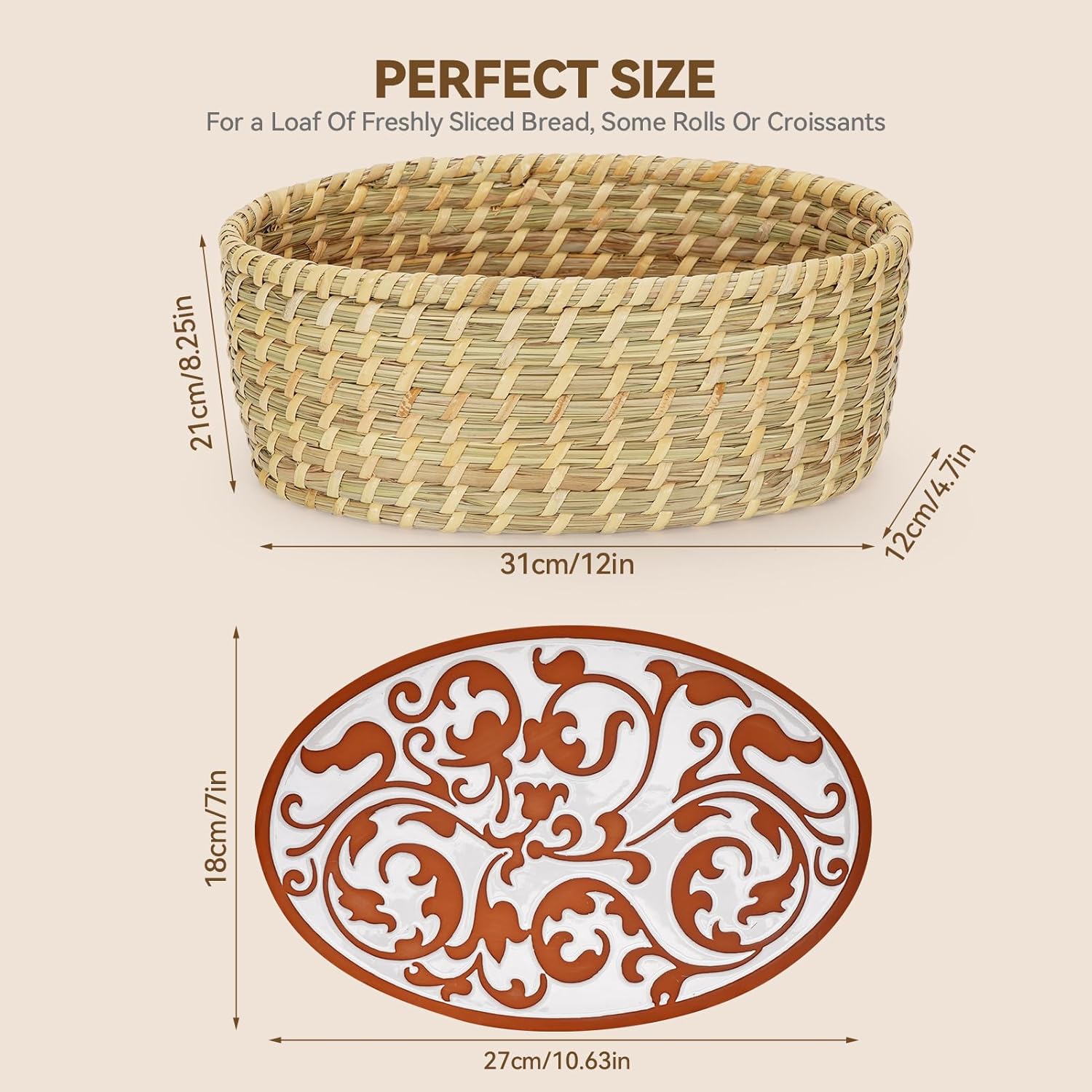 12 Inch Bread Warmer Basket with Terracotta Stone, Handmade Tortilla Serving Basket, Natural Woven Bread Basket for Rolls & Sourdough, Ideal Housewarming and Hostess Gift