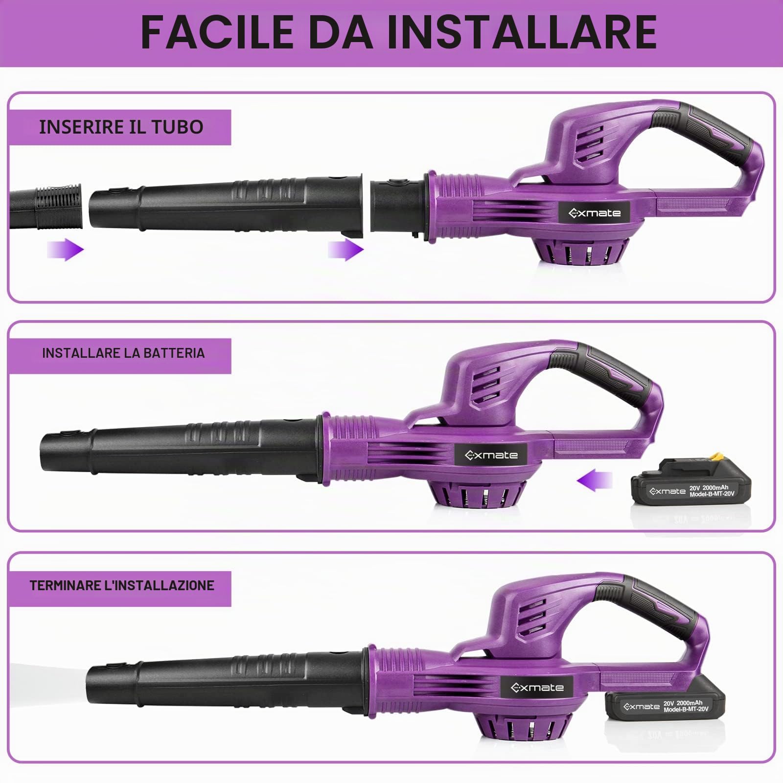 Exmate Batteria soffiatore per foglie, set elettrico con 2 batterie al litio da 2,0 AH e caricatore, 20 V, 130 MPH, può essere utilizzato per rimuovere foglie, sporco, neve, terrazze, terrazze,