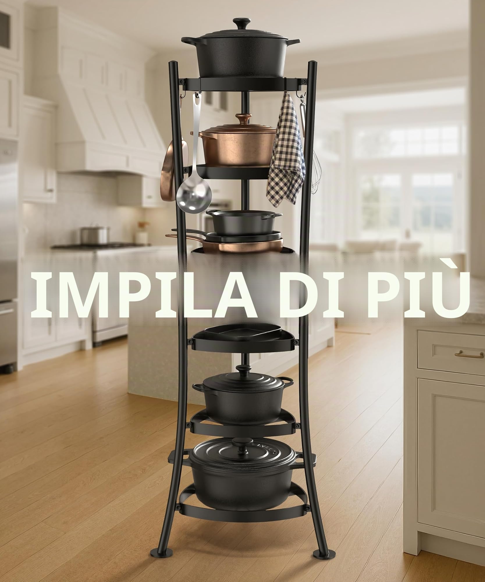 KES KUR531S6-BK KUR531S6-BK - Supporto per pentole in ghisa a 6 ripiani con 6 ganci, pentole e padelle, base stabile, cinghia anti-ribaltamento e protezioni per pavimenti nero, capacità 119,7 kg