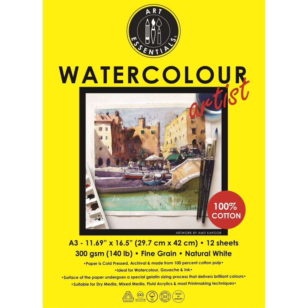 Art Essentials Watercolour Artist A3 Natural White Cold Pressed 300 GSM 100% Cotton, Pad of 12 Sheets, Acid Free Papers for Water Color, Gouache, Ink, Acrylic, Mixed Media, Art Painting, Drawing (B0813L72SG) Amazon Price History, Amazon Price Tracker