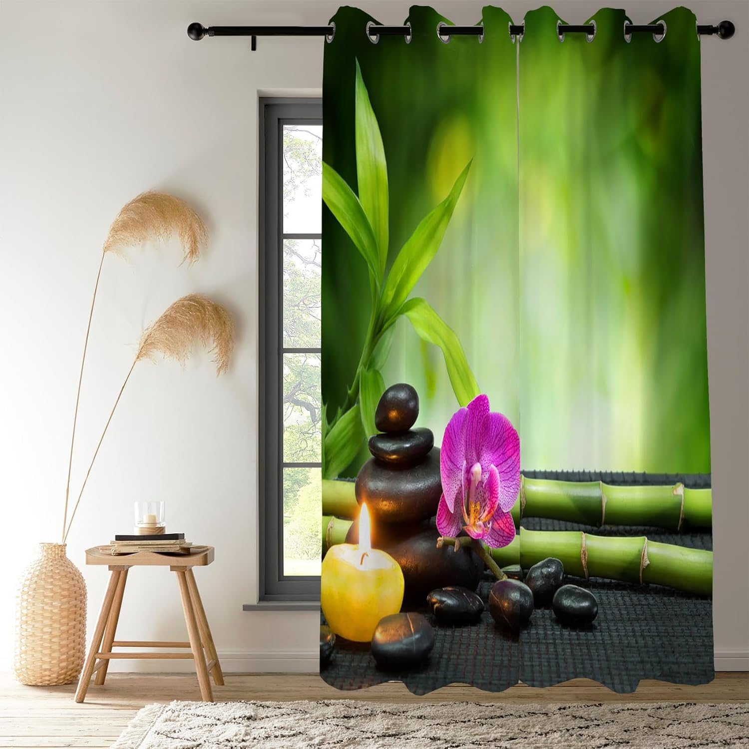 Renaiss Green Bamboo Zen Spa Curtains White Scented Candle Grommet Blackout Bedroom Curtains Green Spiritual Meditation Window Drapes for Living Room 42W x 84L inch Set of 2 Panels