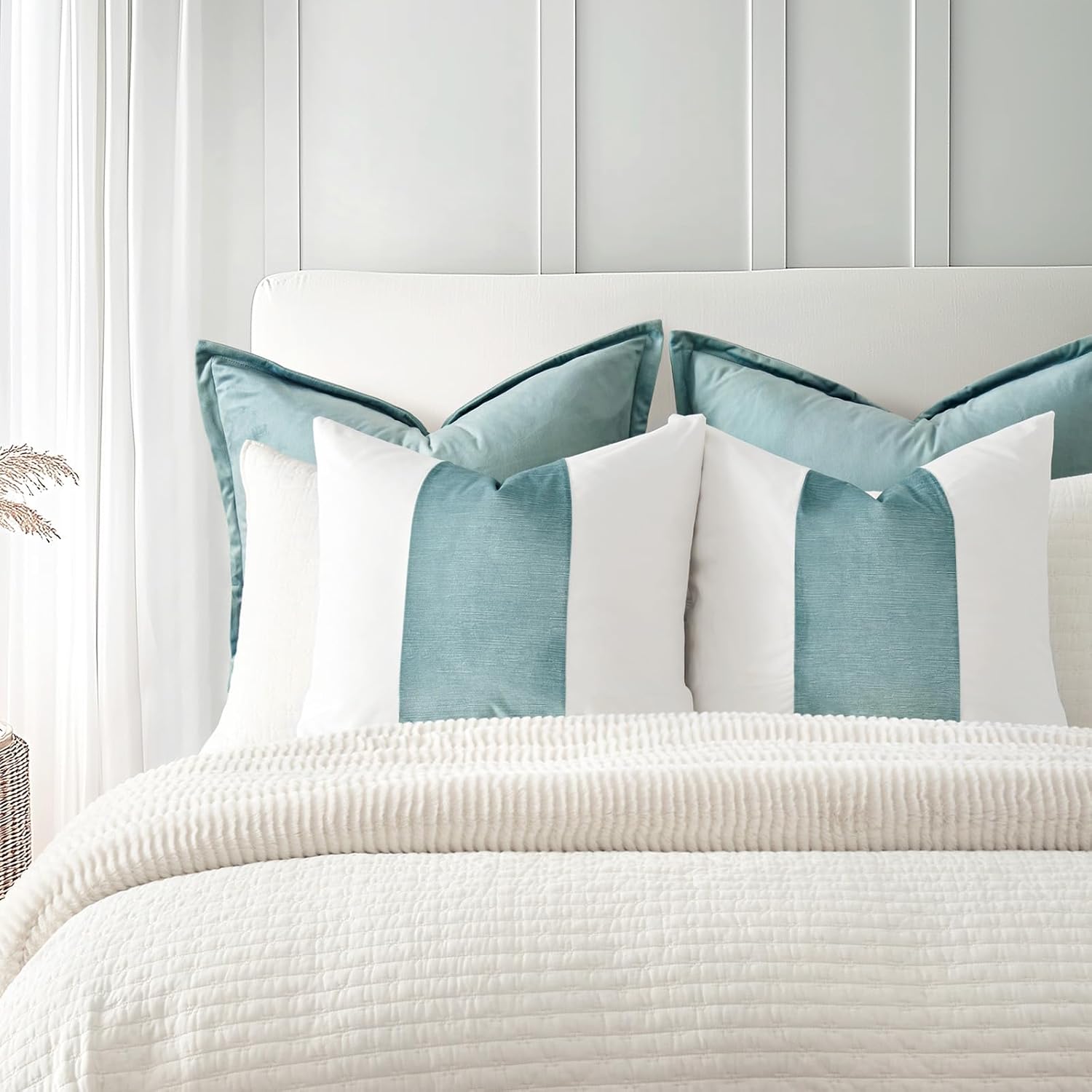 EVERGRACE x Kinsey Walsh Signature Velvet Panel Cotton Pillow Covers Set of 2, Decorative Pillow Covers 20"x20" for Couch, Square Cushion Cases for Sofa Bedroom Living Room, Aquamarine - Image 5