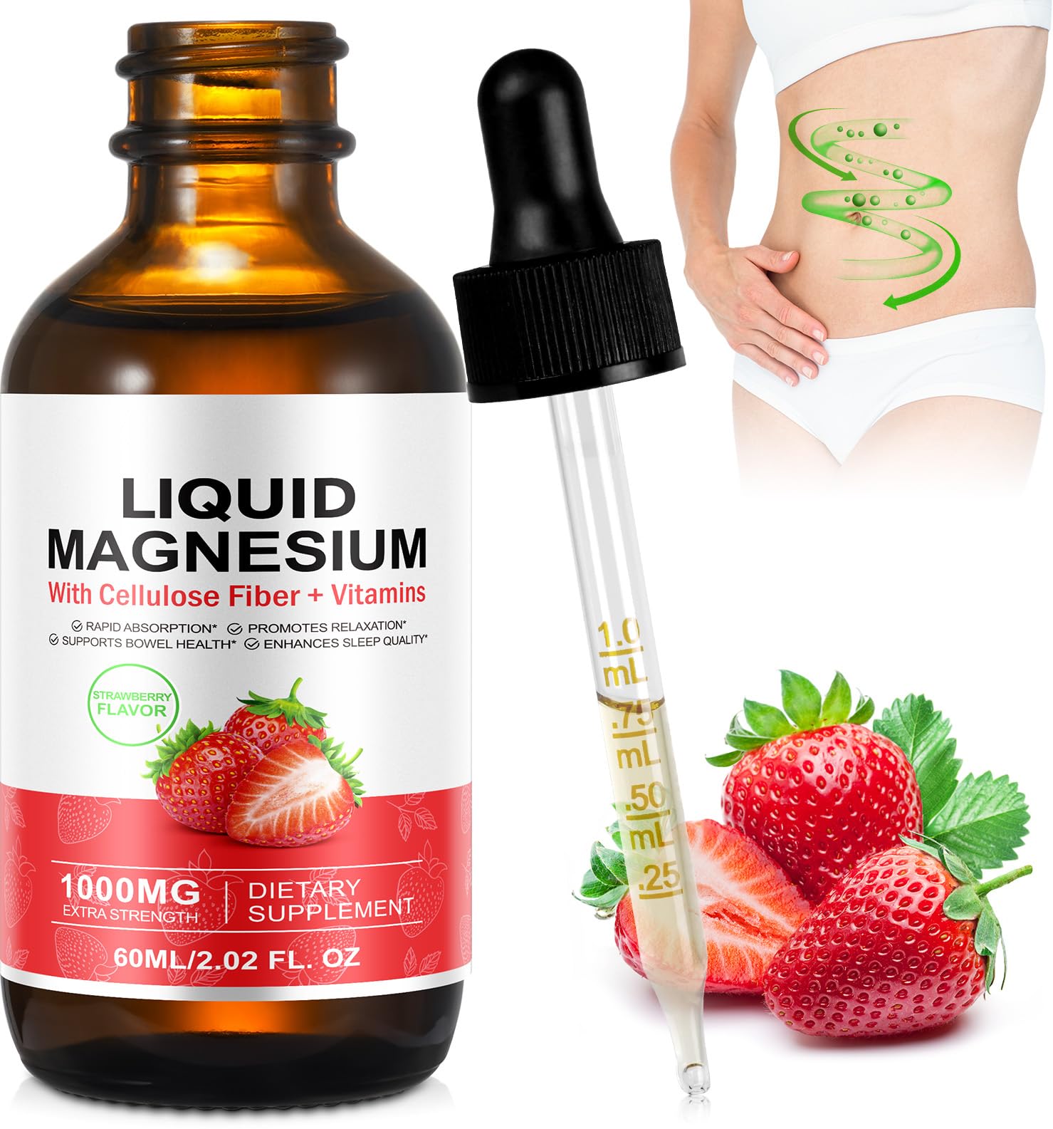 Magnesium Glycinate Liquid - 1000 MG Extra strength, High Potency Magnesium Glycinate, Taurate Complex Supplement to Support Stress Relief, Relaxation, Muscle, Sleep Support - Strawberry Flavor (60ml)