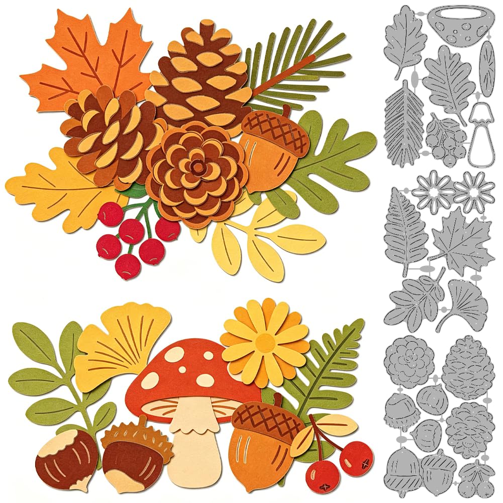 MAYJOYDIY Autumn Plants Die Cuts Maple Leaf Pinecone Embossing Template Mushroom Acorn Flower Ginkgo Leaf Carbon Steel Cutting Stencils for Card Making DIY Scrapbooking Album Gift Decoration