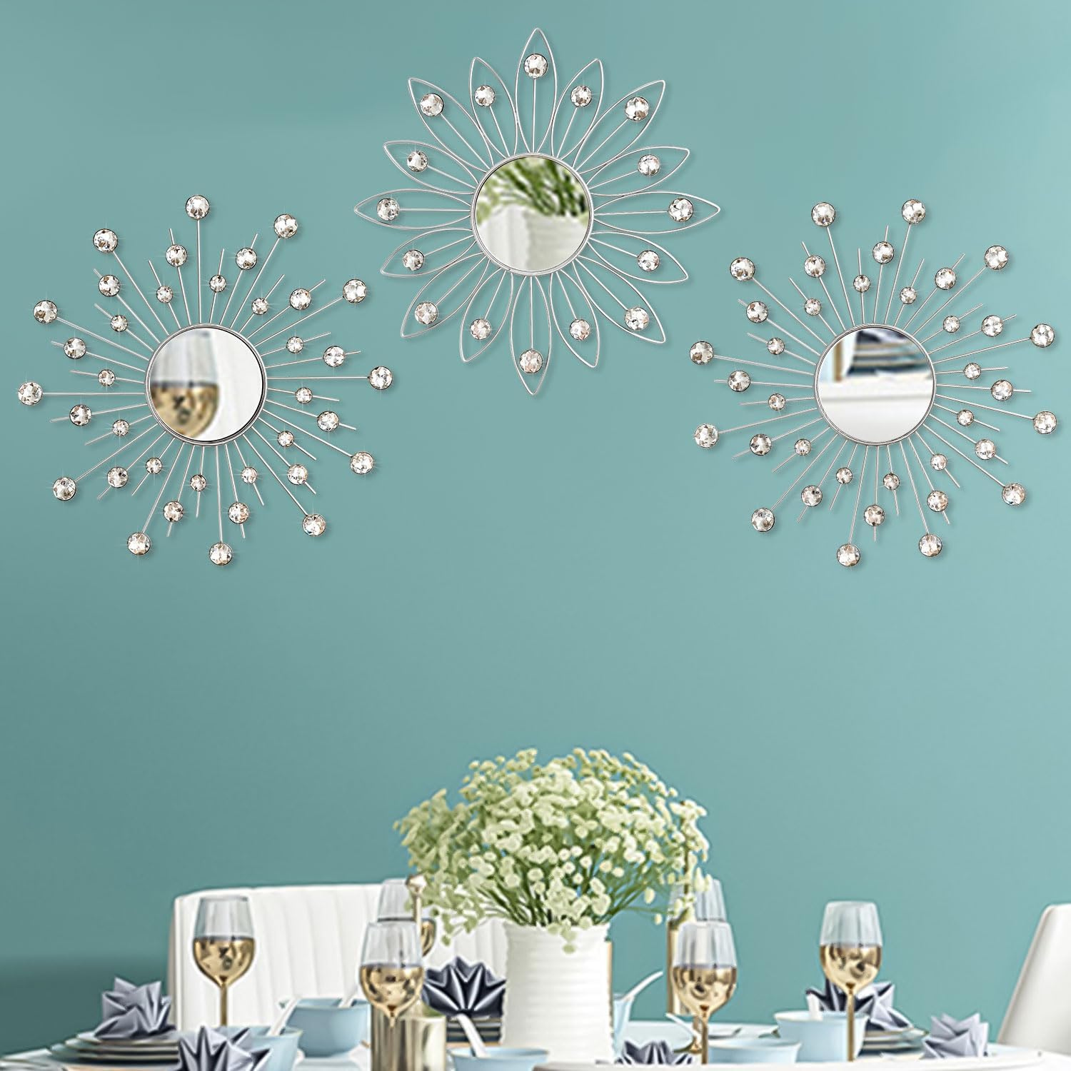 Uaussi 3 Pack Crystal Sunburst Wall Mirror Décor Rhinestone Mirrors Decorative Home Wall Art for Living Room Bedroom Entryway(Flower+Sunburst Silver)
