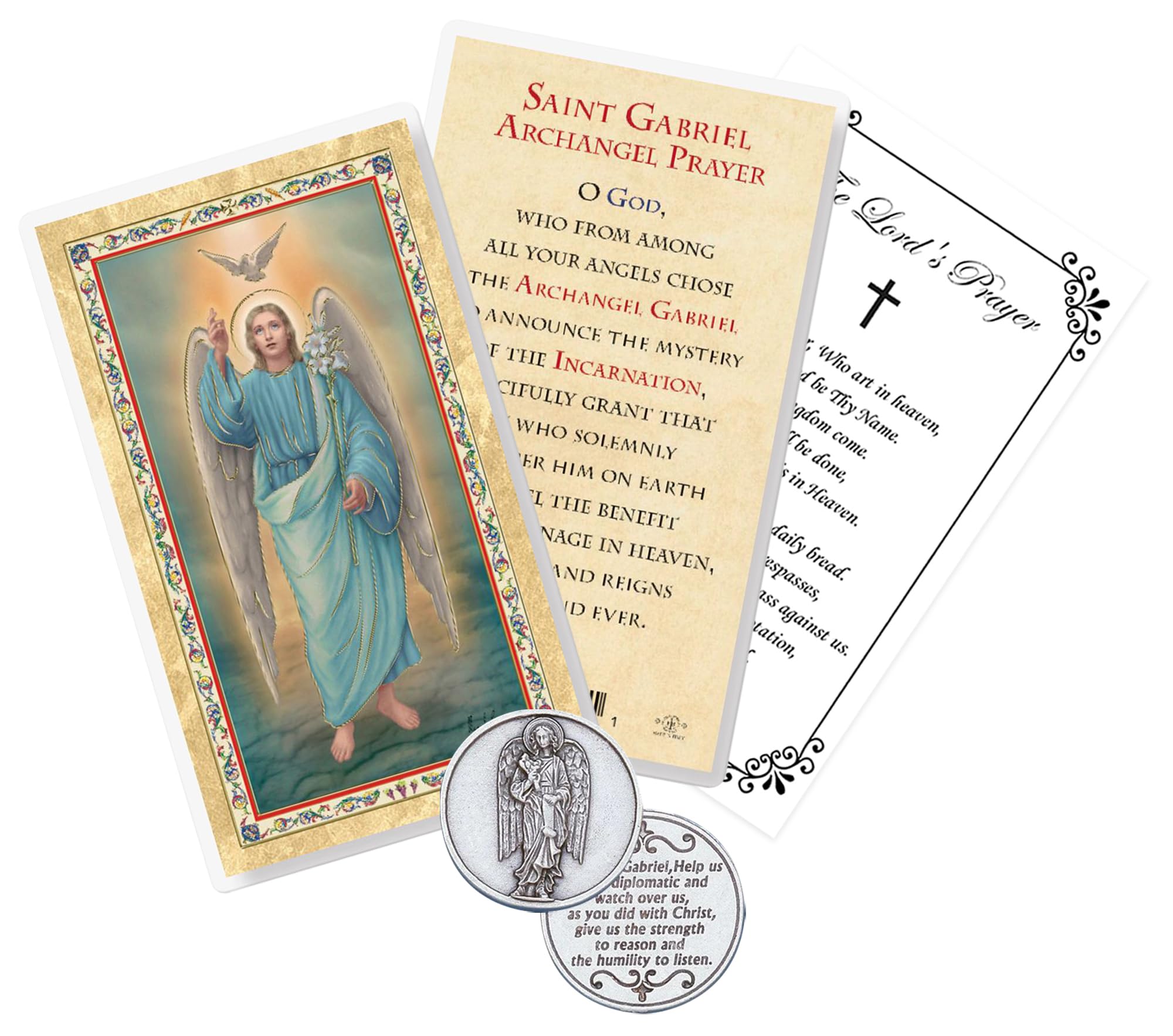 Trendzeen Saint Gabriel Prayer Card - Laminated Saint Gabriel Card, St Gabriel Coin, The Lord's Prayer - Archangel Gabriel Prayer Card for Daily Devotion - Set of 3 Items