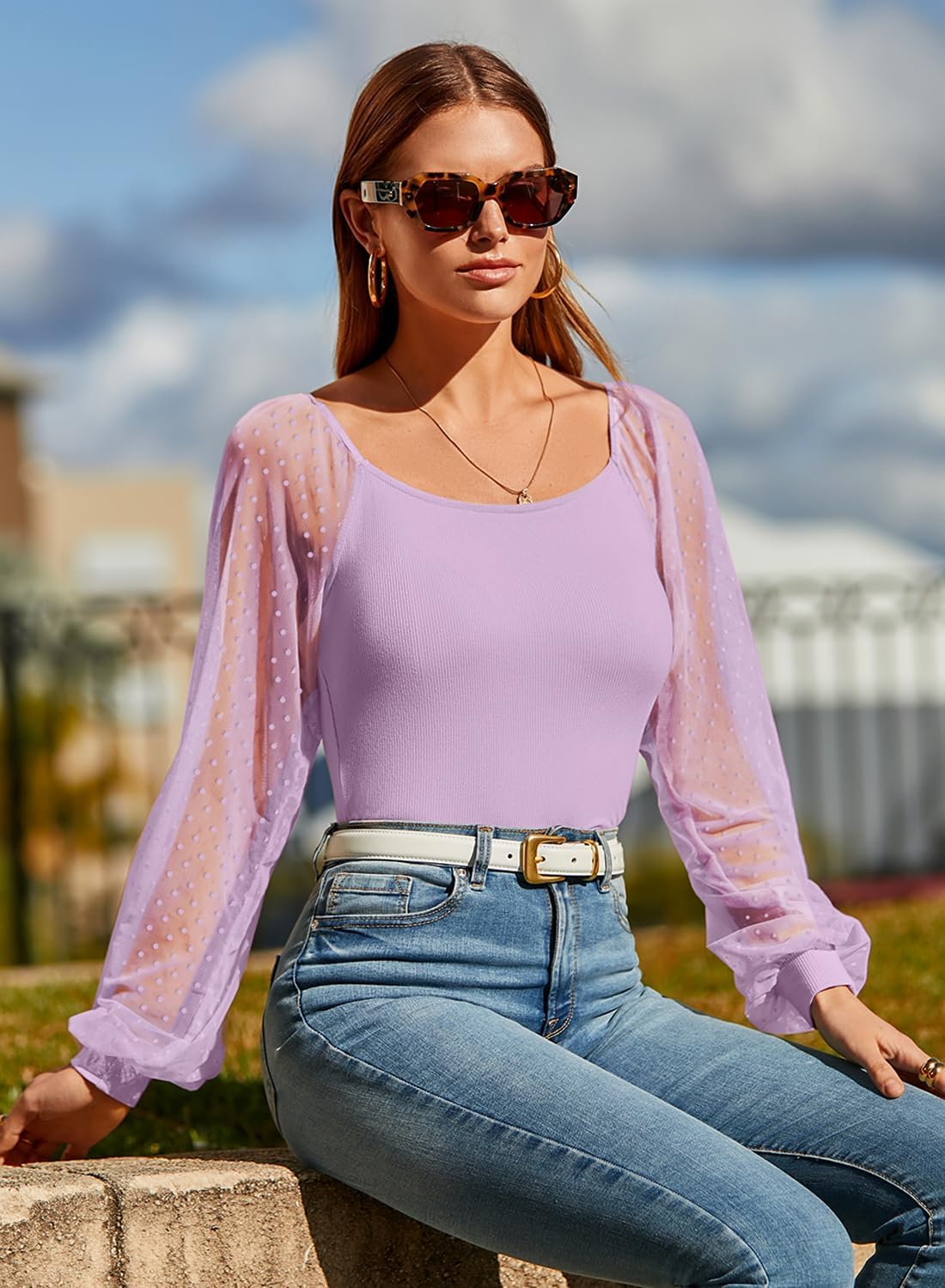 DOROSE Womens Mesh Long Sleeve Shirts Casual Blouses Tops - Image 3