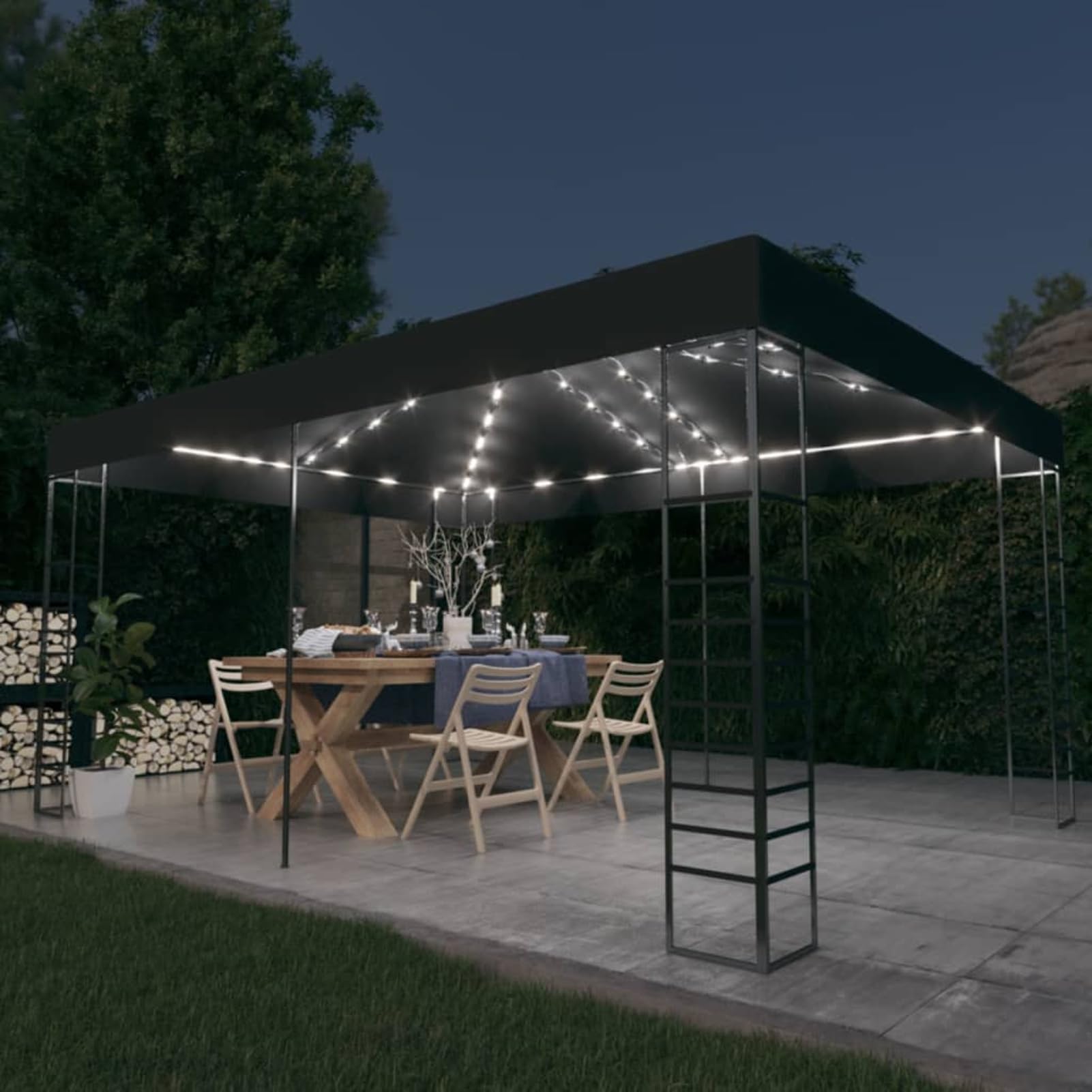 Pawilon 3 x 4 m ze zintegrowanym solarnym łańcuchem świetlnym LED (43 LED), antracyt, 100% poliester z powłoką PA, stal, na imprezy ogrodowe i imprezy na świeżym powietrzu