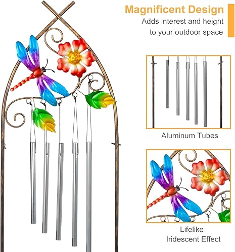 Miniatura 4 de Enrejado de jardín con soportes para plantas, enrejado de metal desmontable de 48 pulgadas para maceta con libélula y campanillas de viento para