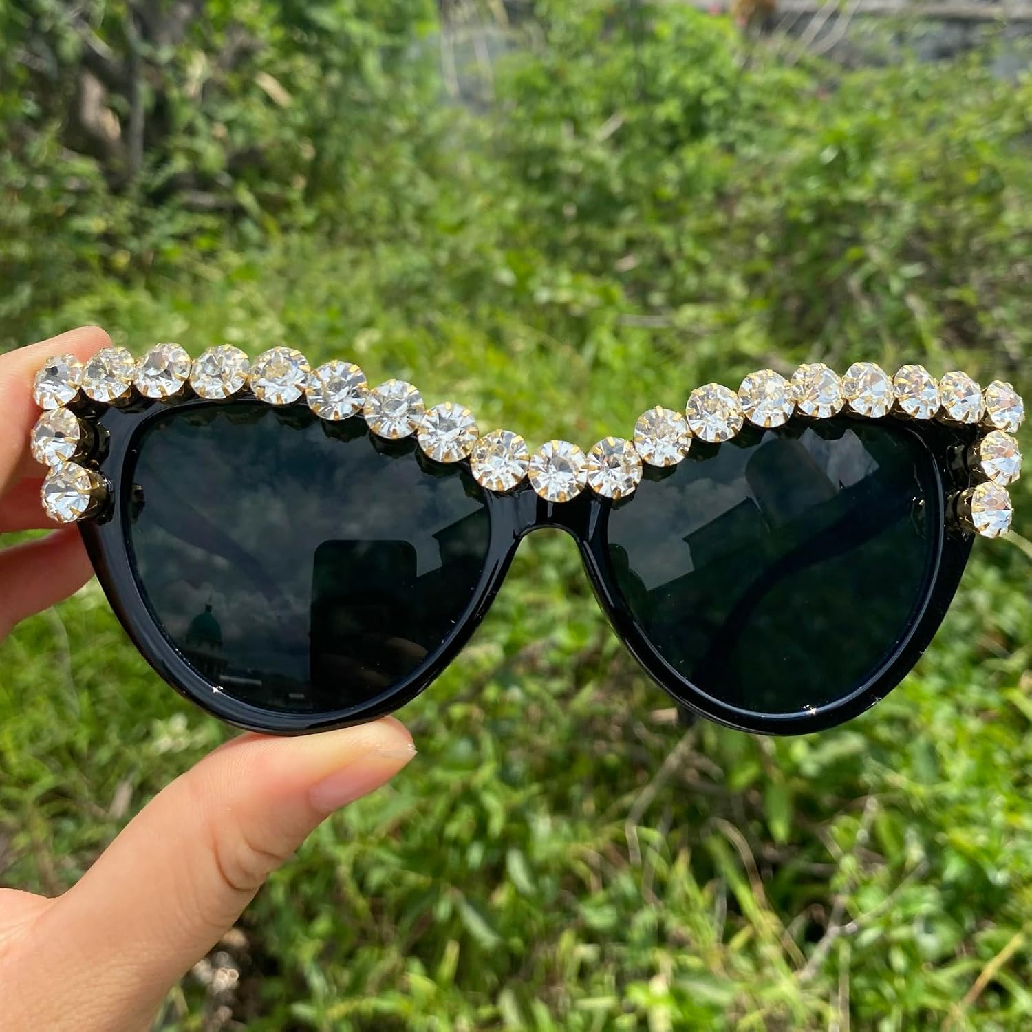 mincl/ Bling Sunglasses Crystal Rhinestone Shades Retro Half Rim Women Cat Eyewear - Image 3