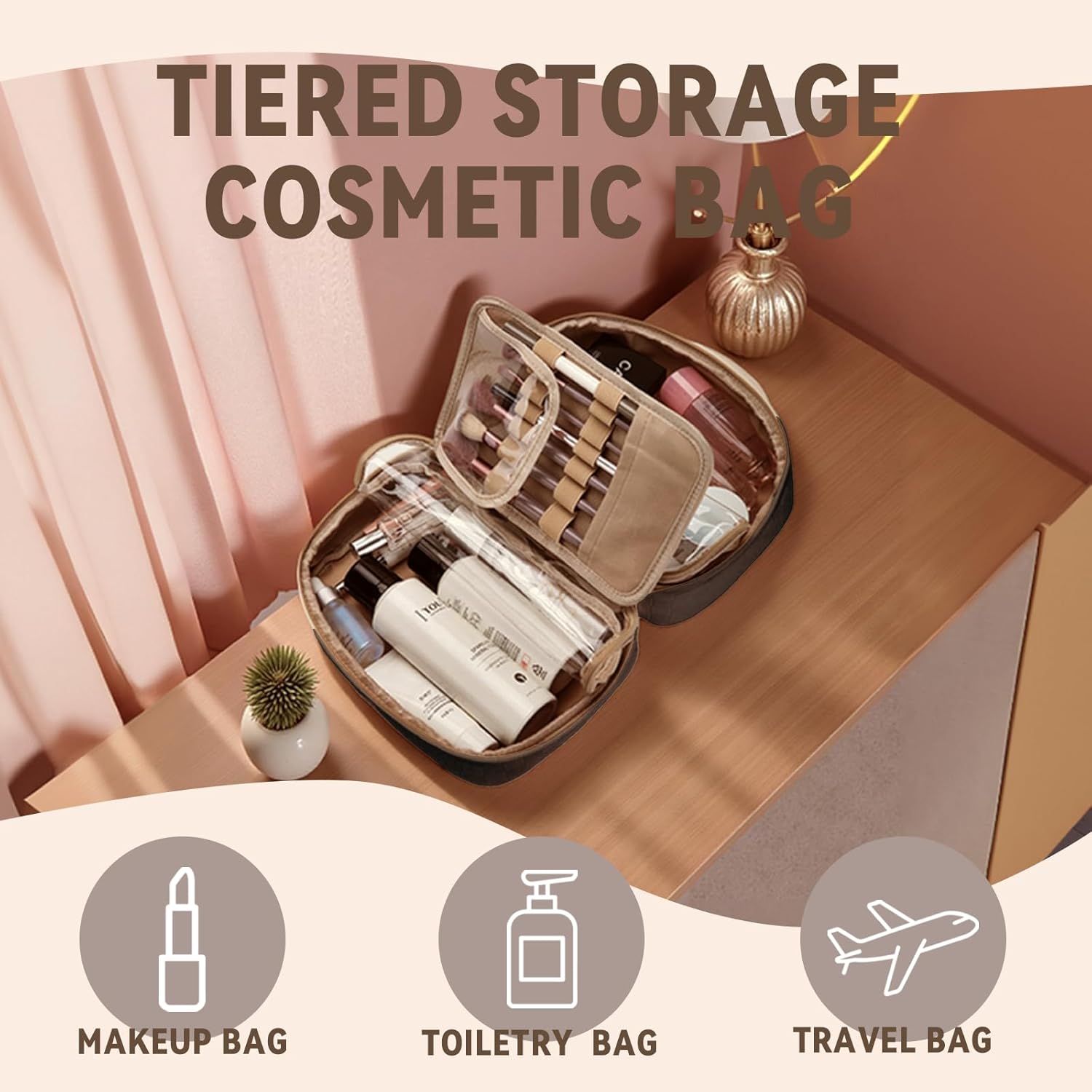 YDR Large Makeup Organizer with Brush Holder, Structured Cosmetic Bag for Daily Makeup & Skincare Storage, Multi-Compartment Vanity Case with PVC Pocket