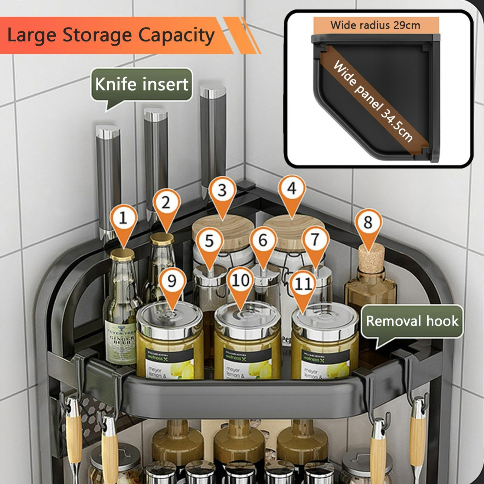 Estante esquinero de cocina de acero inoxidable con ganchos y soporte para tarros de especias, estante de almacenamiento de condimentos de pie de 2 niveles para encimera, especias y condimentos de