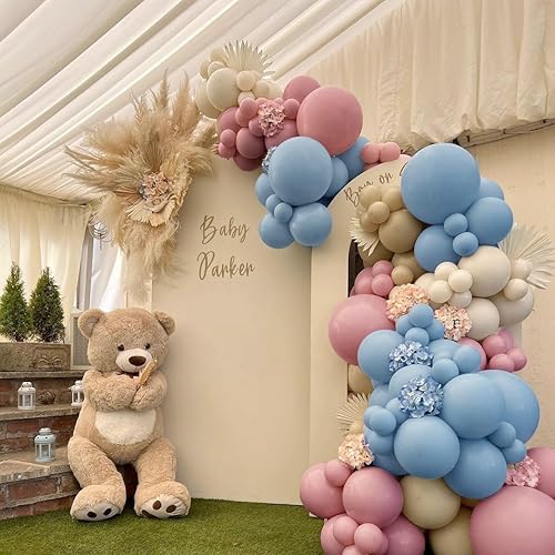 Miniatura 9 de Guirnalda de globos de color marrón rosa polvoriento, color azul y rosa, doble relleno, globos de arena blanca tostada, kit de arco de látex pastel