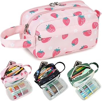 CAMTOP Cute Pencil Case for Girls, Large Capacity Pencil Pouch with 3 Compartments Pen Organizer Pink Kawaii Pencil Box Bag for School Travel Gifts