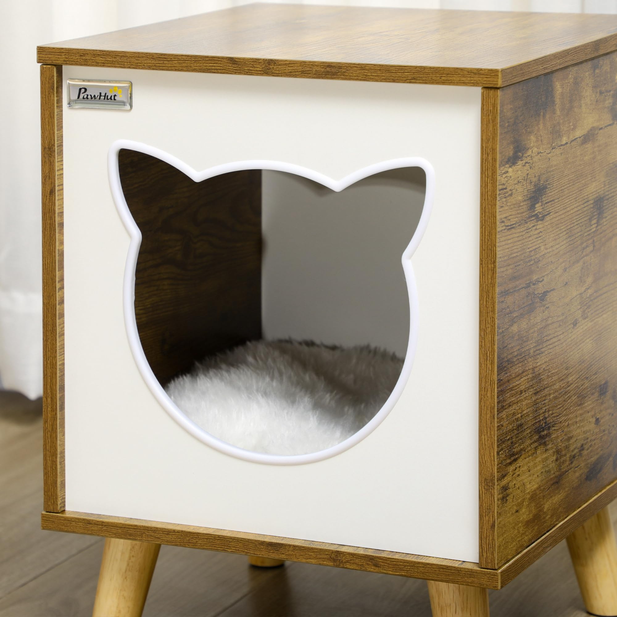 Pawhut - Casa interior para gatos de madera, con cojín lavable y patas elevadas, 34 x 34 x 44,5 cm, color marrón
