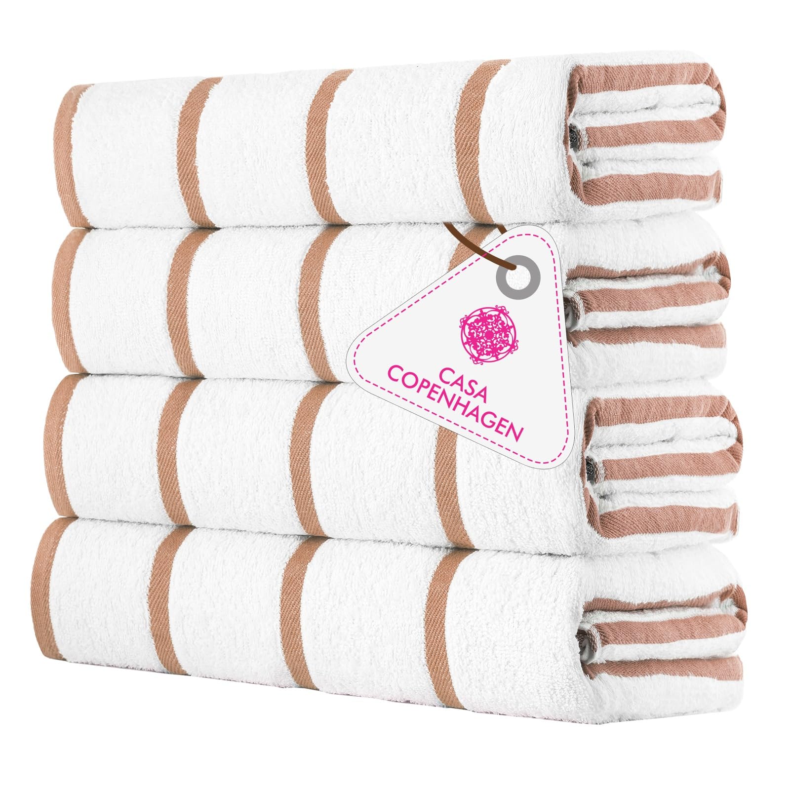 CASA COPENHAGEN Cabana Pool 4-piece set of large bath towels, 76x152 cm, 550 GSM, designed in Denmark, made from soft Egyptian cotton for bathroom, kitchen & shower - Beige and white striped