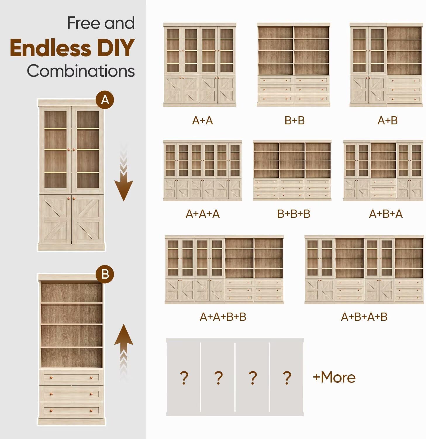 71" Tall Kitchen Pantry Cabinet, Rustic Farmhouse Storage Hutch with Glass Doors & Adjustable Shelves, Freestanding Wood Buffet Cabinet for Dining Room, Living Room, Brown (Set of 4)