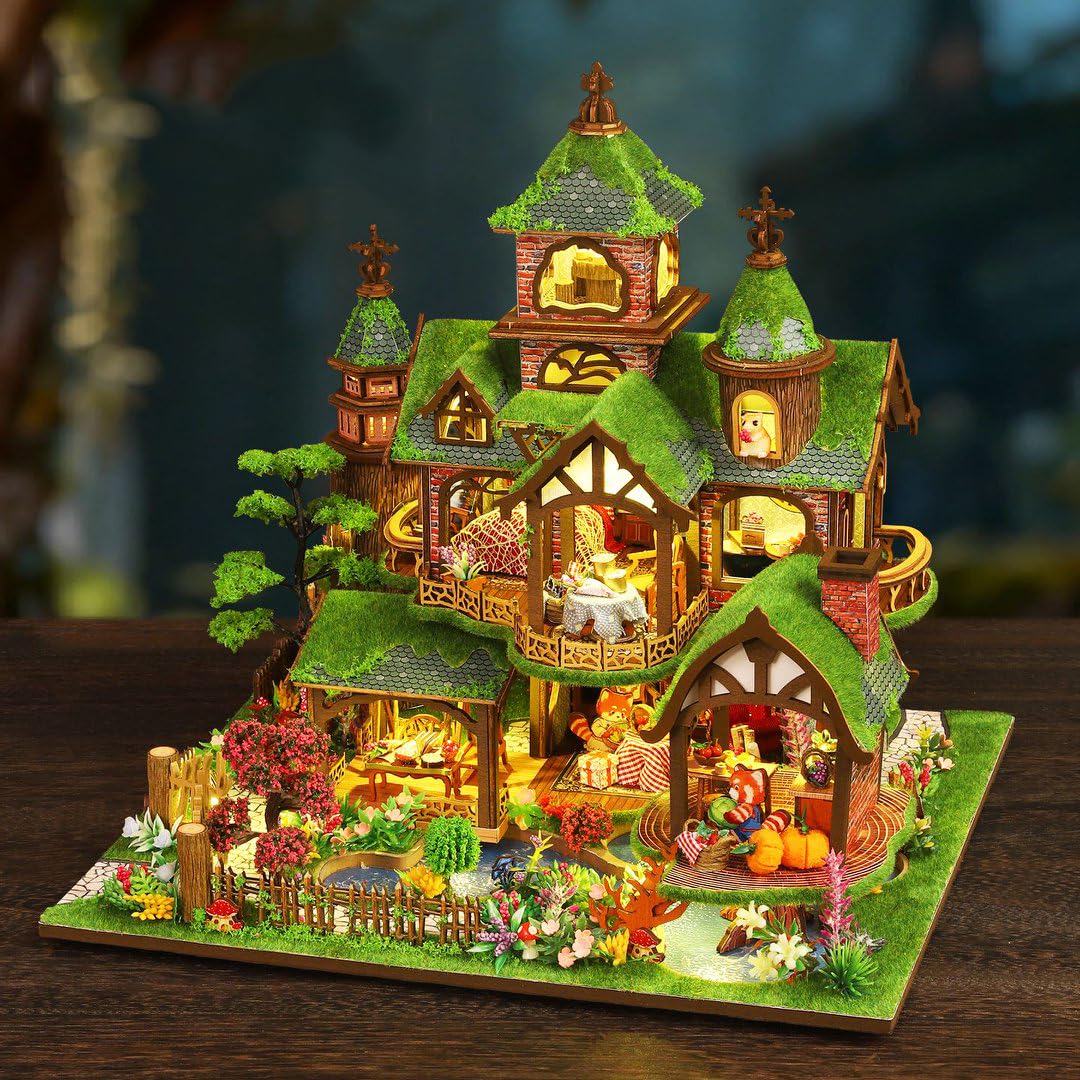 Casa de muñecas DIY en miniatura casa de madera con iluminación LED, tema del castillo del bosque, música, rompecabezas de madera 3D estantería (con tapa antipolvo)