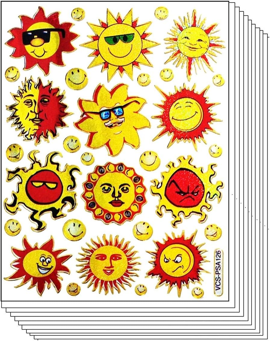 Stickers Glitter Pack 10 Sheets Cute Sun face Cartoon Sticker Paper Decal Label DIY Book Diary Scrapbooking Sticker Reward Gift (01)