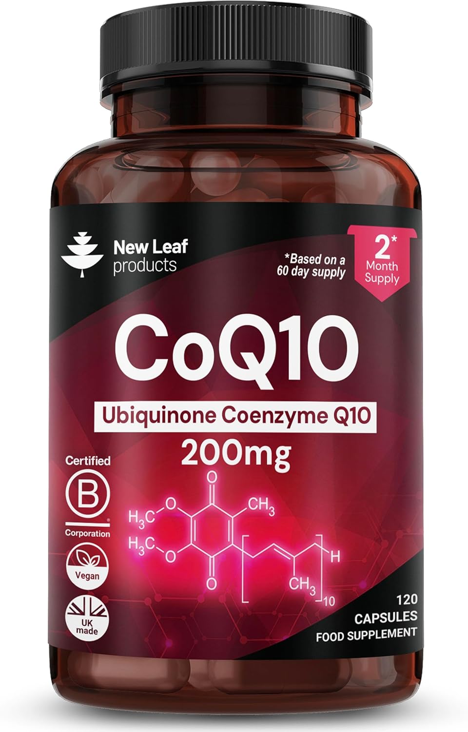 CoQ10 Supplement 200mg – Co Enzyme CQ10 120 Vegan Capsules 100% Pure and Naturally Fermented Ubiquinone Q10 High Strength Ubiquinone Coenzyme Q10 Coenzyme CoQ10 Supplement UK Made Ubiquinol