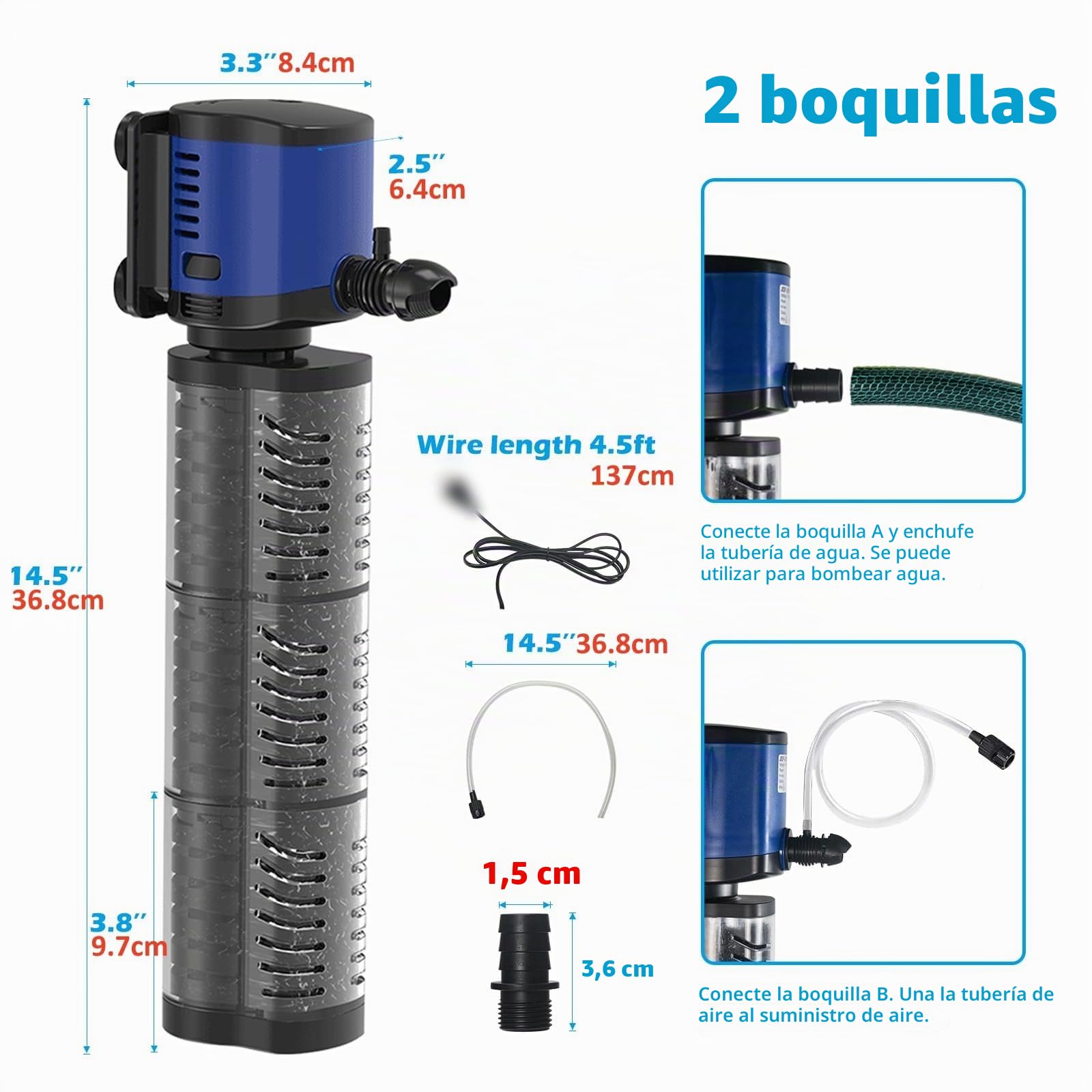 Tararium Bomba sumergible para acuario 4 en 1, filtro de 1500 l/h para 300-750 litros, filtro interior silencioso para acuarios grandes, estanques y tortugas con protección contra marcha en seco (agua
