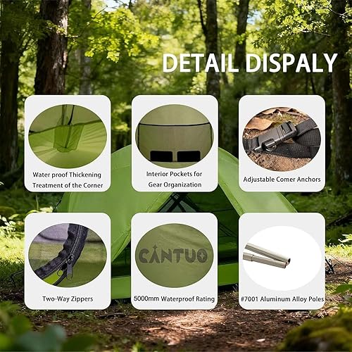 Miniatura 8 de CANTUO Tienda de campaña para 2 personas, tienda de campaña de 3 estaciones, ultraligera, impermeable, resistente al viento, fácil de configurar