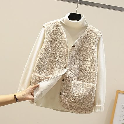 Vinuwu Vest voor dames, mouwloos teddy-vest, effen, V-hals, knopen