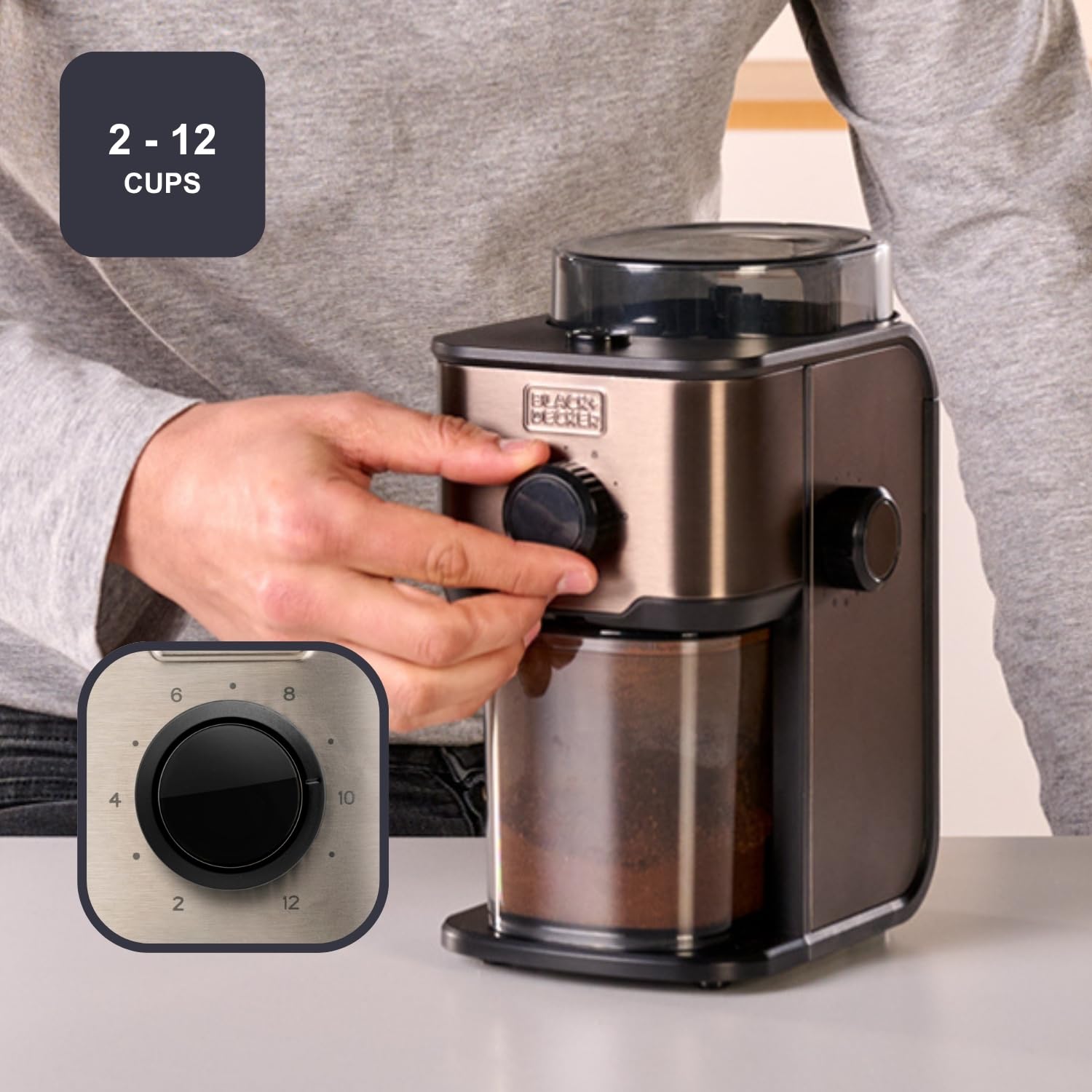 Black+Decker - Elektryczny młynek do kawy BXCG151E | 200g Zbiornik | 14 poziomów mielenia | Pojemność 12 filiżanek | Konstrukcja ze stali zapobiegającej odciskom palców | Świeża i aromatyczna kawa |