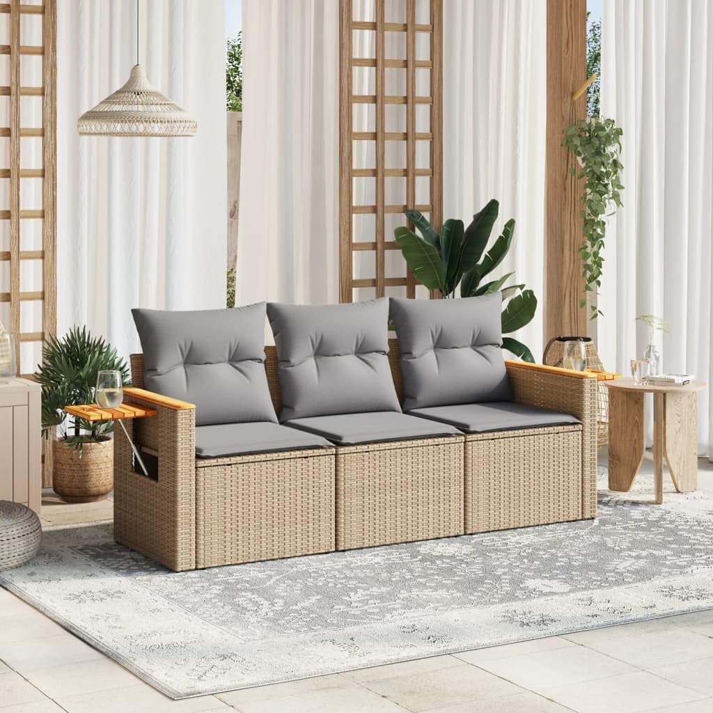 IKAYAA Divanetto da Esterno 3 Posti con Contenitore Divano da Giardino in Polyrattan Salotto da Giardino in Polyrattan Set da arredo per Esterno con Cuscini-Beige e Grigio-3 pz