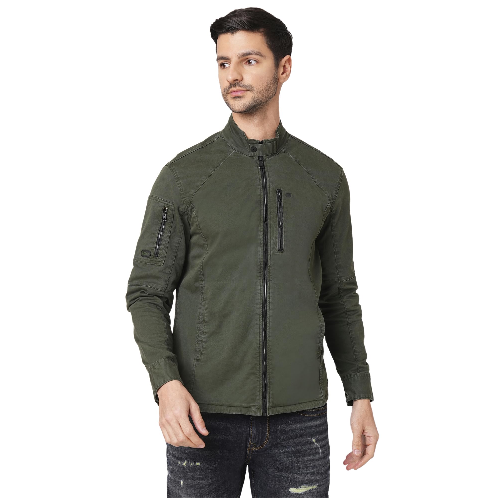 ROOKIESMens Solid Cotton Spandex Full Sleeve Zipper Shacket Shirt