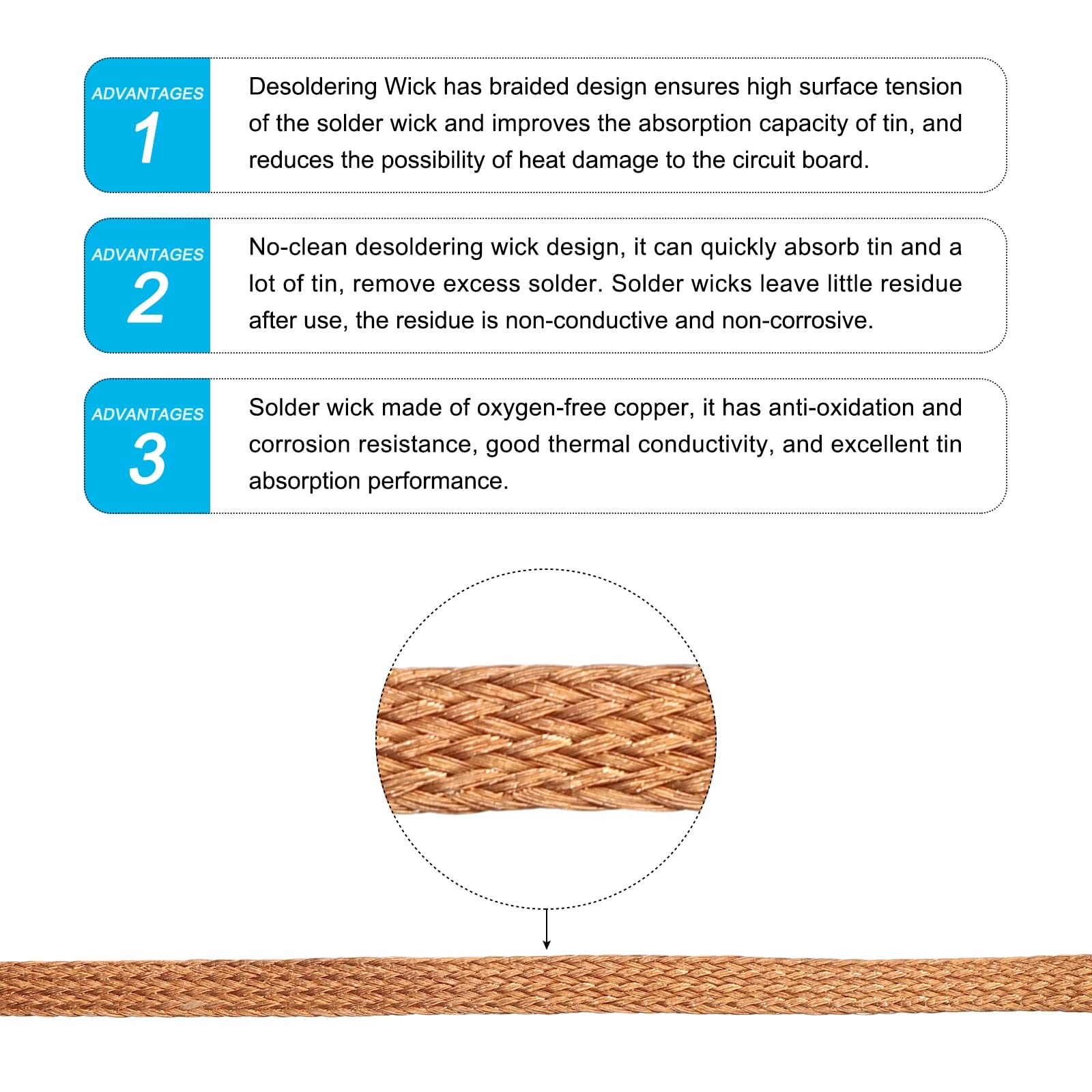sourcing map Treccia di stoppino dissaldante No-Clean Braid 0,14 pollici Larghezza 9,84 piedi Lunghezza per rimuovere la saldatura componenti elettrici 1 confezione