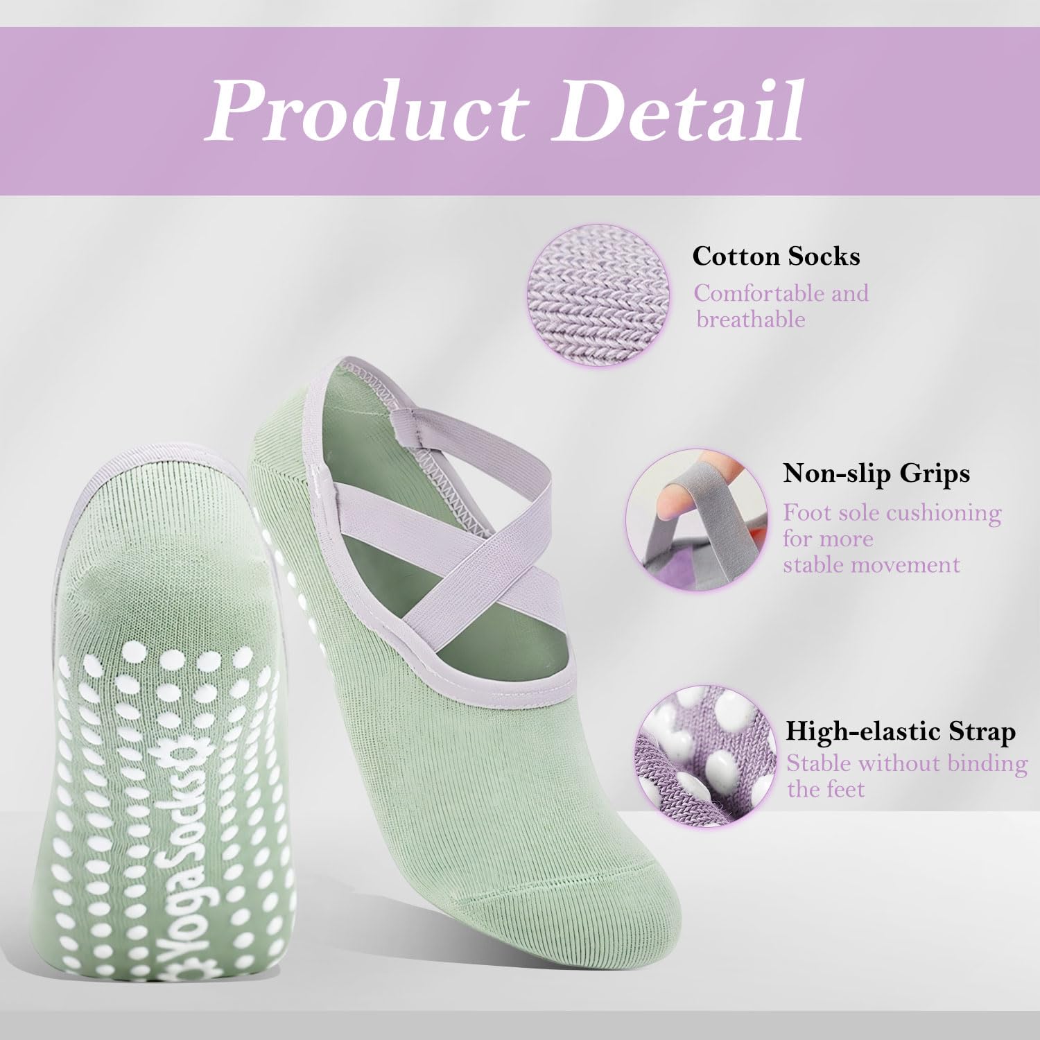 BendJoy 3Pairs Non Slip Yoga Socks for Women - Breathable Cotton Anti Skid Pilates Casual Grip Socks for Yoga, Ballet, Barefoot Workout, 4.5-7.5 UK, Purple 1