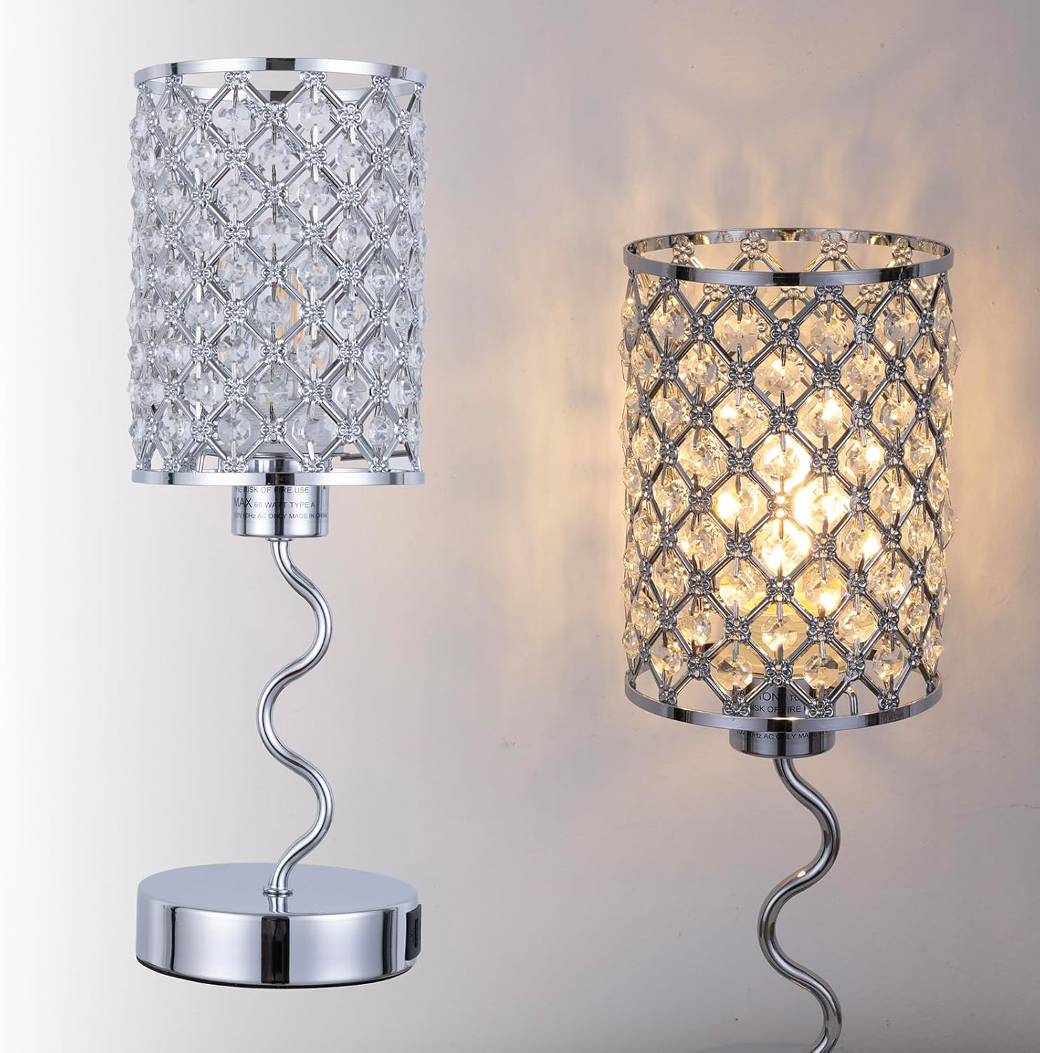 Crystal Table Lamp with 3 Way Dimmable Touch Control, Nightstand with USB A+C Ports, Modern Bedside Touch Lamp for Bedroom, Living Room, Office Reading, Black