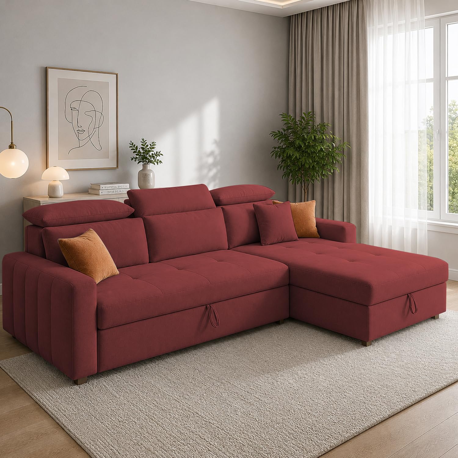 Casaliving Gagnon RHS 4 Seater L Shape Corner Sofa Cum Bed for Living Room with Storage (Maroon Fabric) Premium Fabric Sofa Cum Bed-image-9