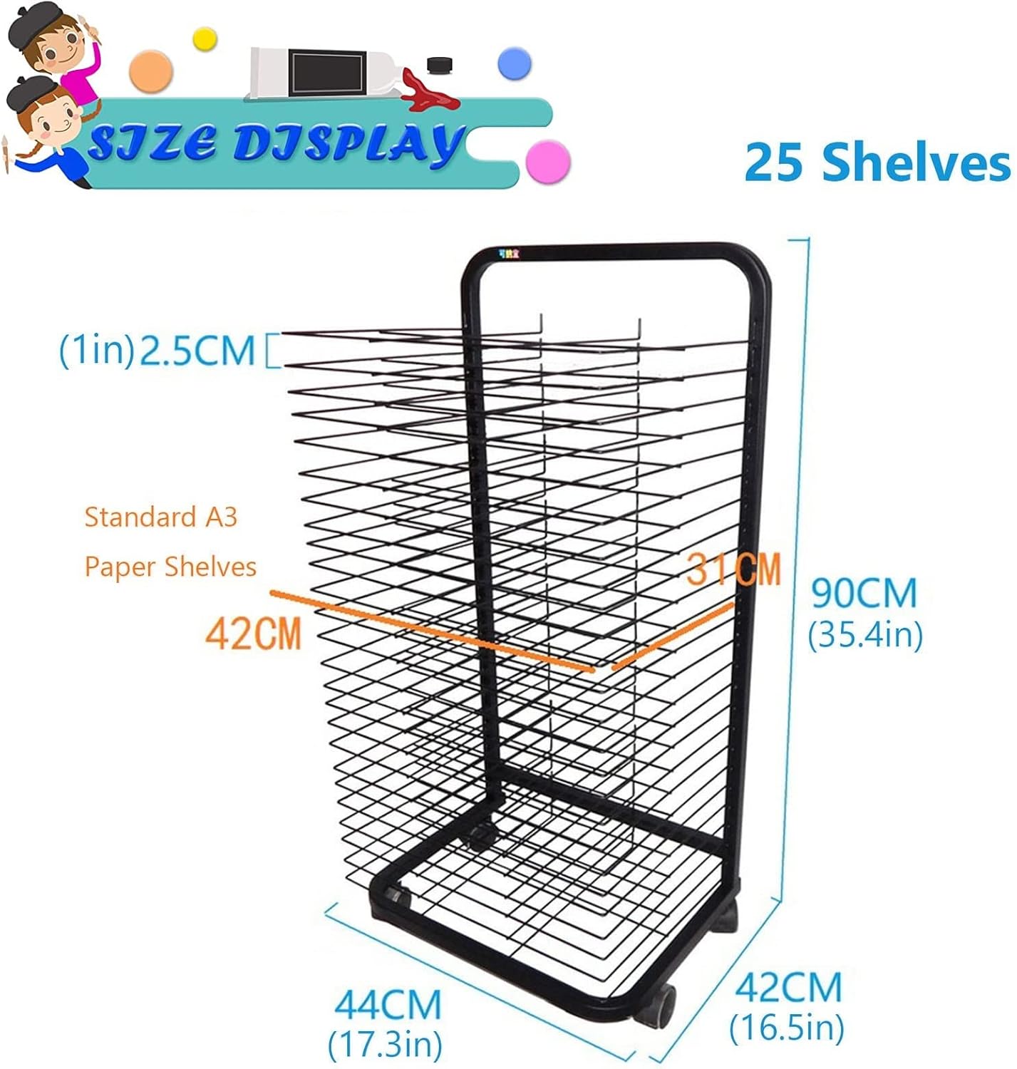 Wire Art Drying Rack for Classrooms, Art Studio, Stackable Flexible Shelves Metal Steel Mobile Art Rack Painting Crafts Artwork Canvas Storage Display Rack with Wheels, 4,25 Shelves