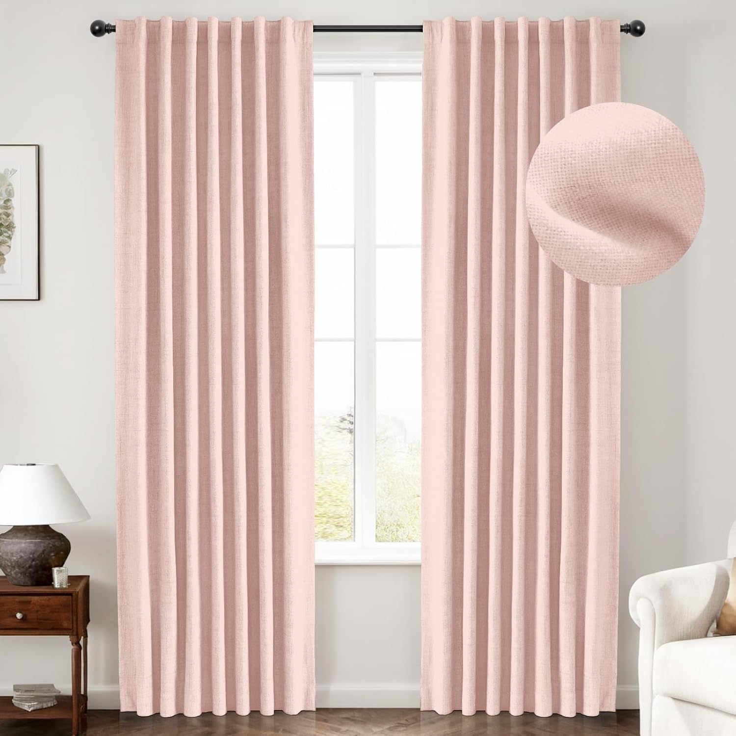 INOVADAY 100% Blackout Curtains 96 Inches Length 2 Panels Set, Back Tab/Rod Pocket Linen Black Out Curtains for Bedroom, Thermal Insulated Window Drapes - Blush Pink, W50 X L96