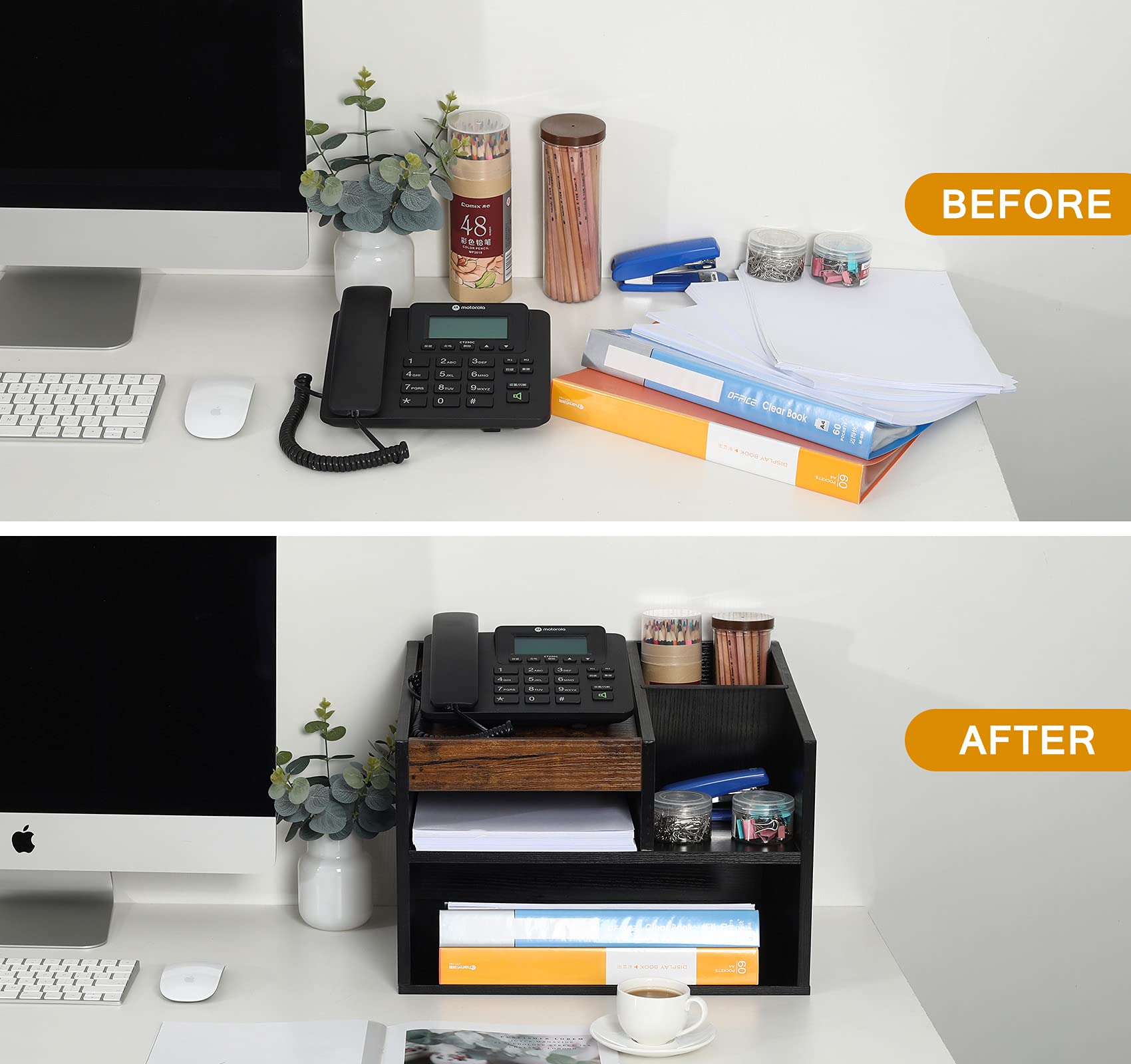 TQVAI Wood Telephone Stand Office Desktop Supplies Organizer with Storage Compartments, Black/Antique