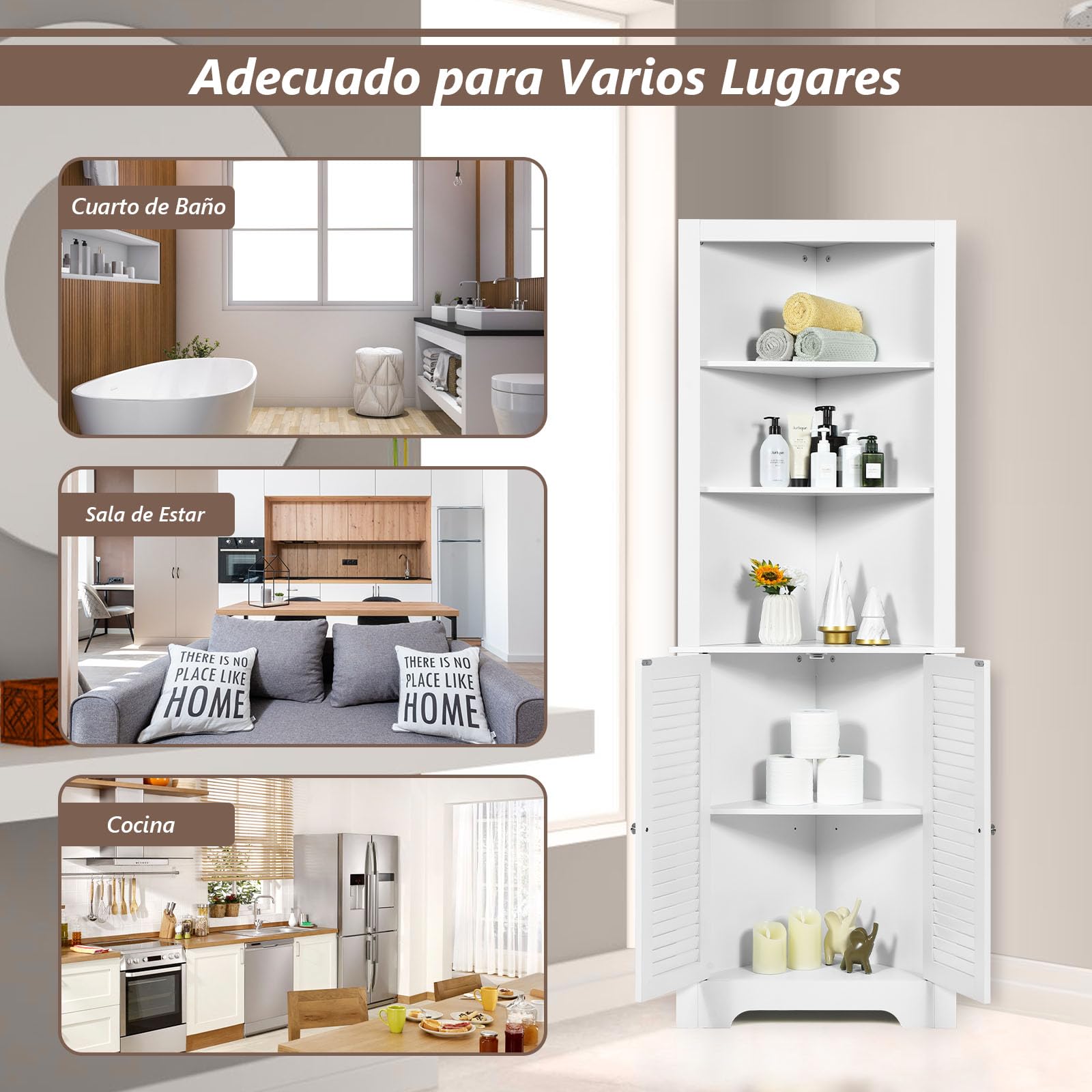 COSTWAY Armario Esquinero Alto de Baño, Mueble de Baño Triangular con 3 Estantes Abiertos y 2 Puertas, Organizador de Pie de Almacenaje para Dormitorio, Salon, 60 x 44,5 x 173 cm