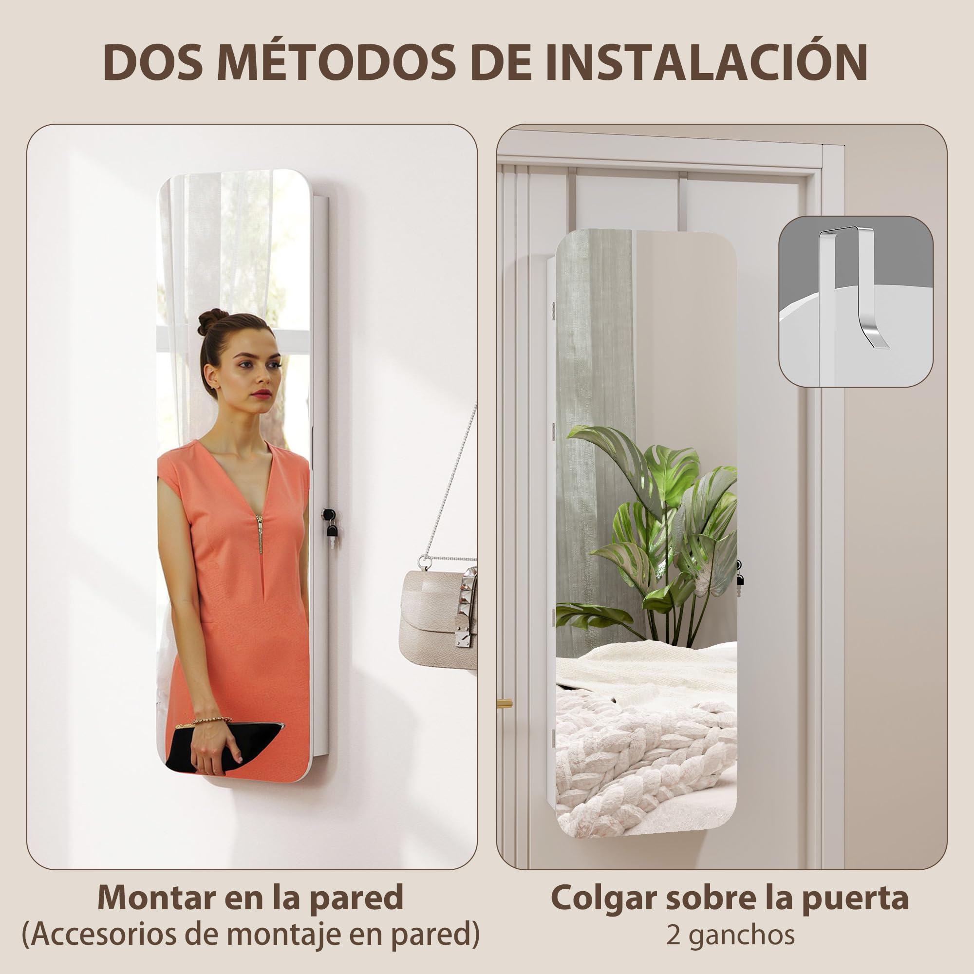 HOMCOM Espejo Joyero con Luz LED, Armario Joyero Montado en la Pared o en la Puerta, Armario para Joyas con Cerradura, Espejo Entero sin Marco, 2 Cajones, para Regalo, 37x10x120 cm, Blanco