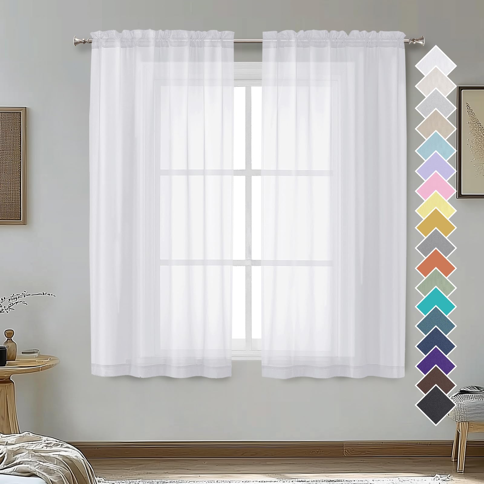 OVZME 2 Panels Sheer White Curtains 54 Inches Length Window Treatment for Kitchen, Elegant Airy Transparent Curtain Draperies Rod Pocket for Kids Living Room, Each 42 Width 54 Length