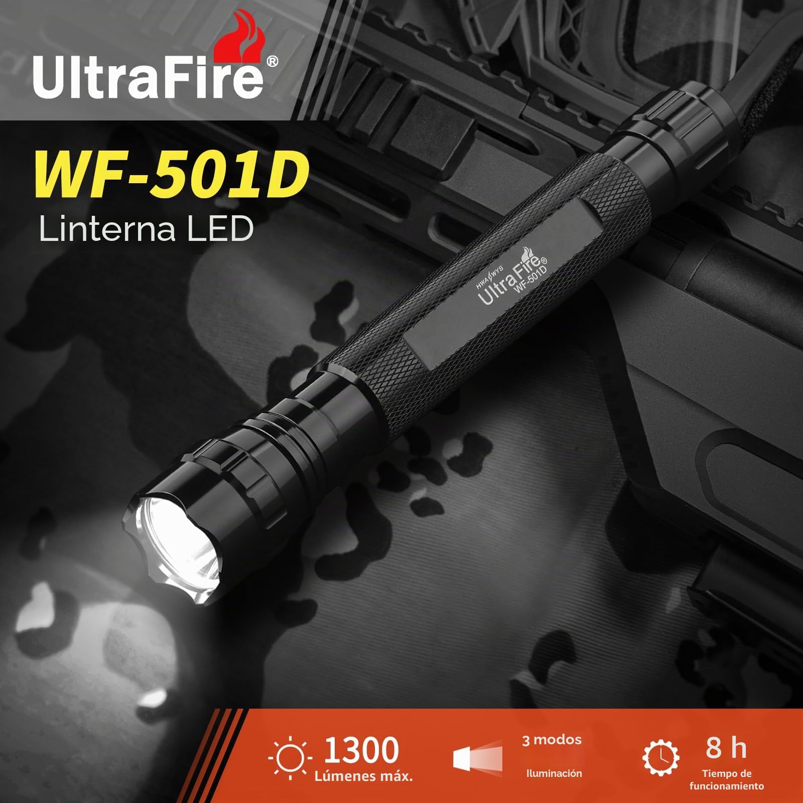 UltraFire Linterna LED de 18 pulgadas, barra de señal de 1300 lúmenes, 3 modos con luz roja intermitente, varilla naranja para aeropuerto, bomberos, dirección de coche, emergencia, WF-501D