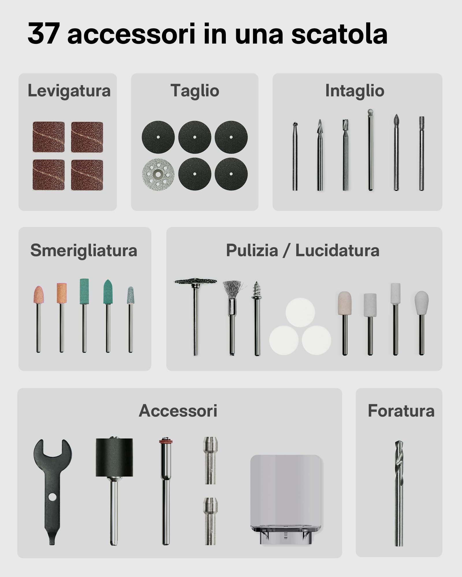 HOTO Strumento Multifunzione, Trapano a Batteria da 12V con Velocità Massima di 35000 RPM, Utensile Rotante con Luce LED e 37 Accessori, Strumenti rotanti Per incidere, forare, smerigliare