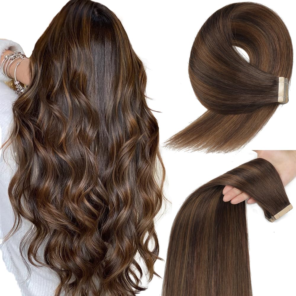 YDDM 20 Inch Tape in Hair Extensions Human Hair, Balayage Dark Brown to Chestnut Brown 20pcs Straight Seamless Invisible Tape in Hair Extensions Human