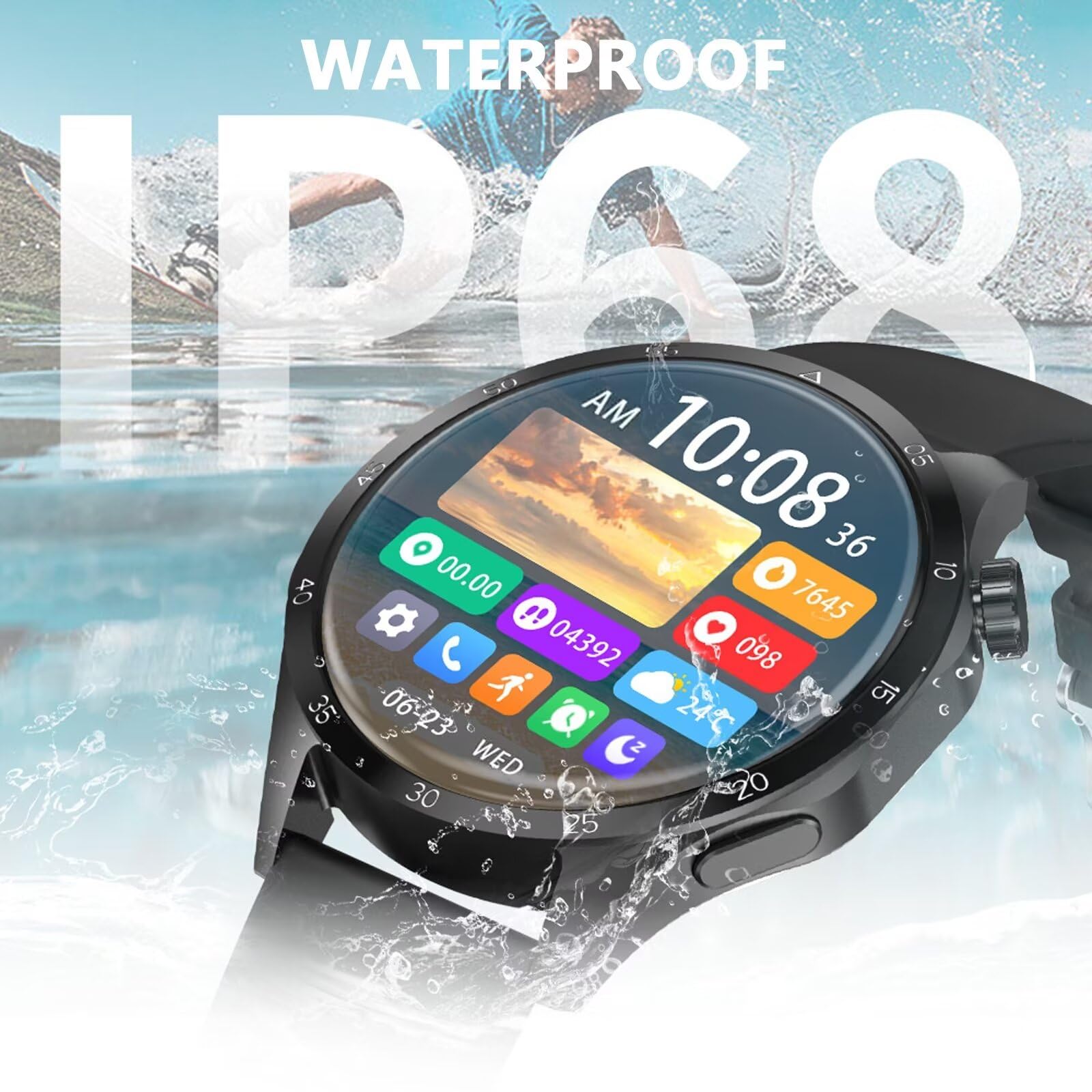 Smartwatch Bluetooth, modny 1,6'' ekran dotykowy inteligentny zegarek wodoodporny zegarek fitness sportowy zegarek cyfrowy zegarek GPS smartwatch, dla systemu Android iOS, czarny