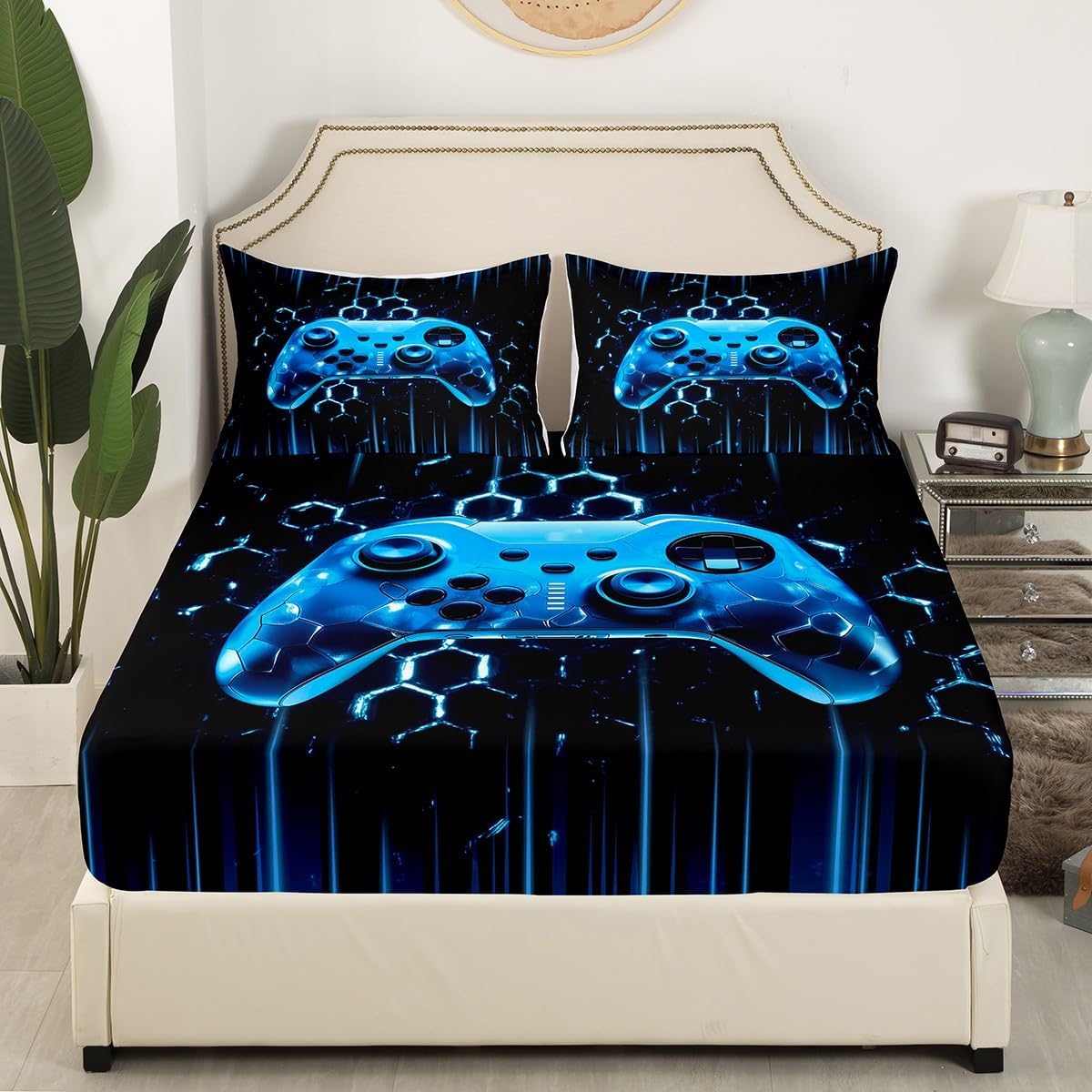 Modern Geometric Hexagon Fitted Sheet Queen Size Kids Gaming Gamepad Bedding Sheet Set No Top Sheet,Boys Gamer Bed Cover Ultra Soft Breathable Bedding 3 Pcs