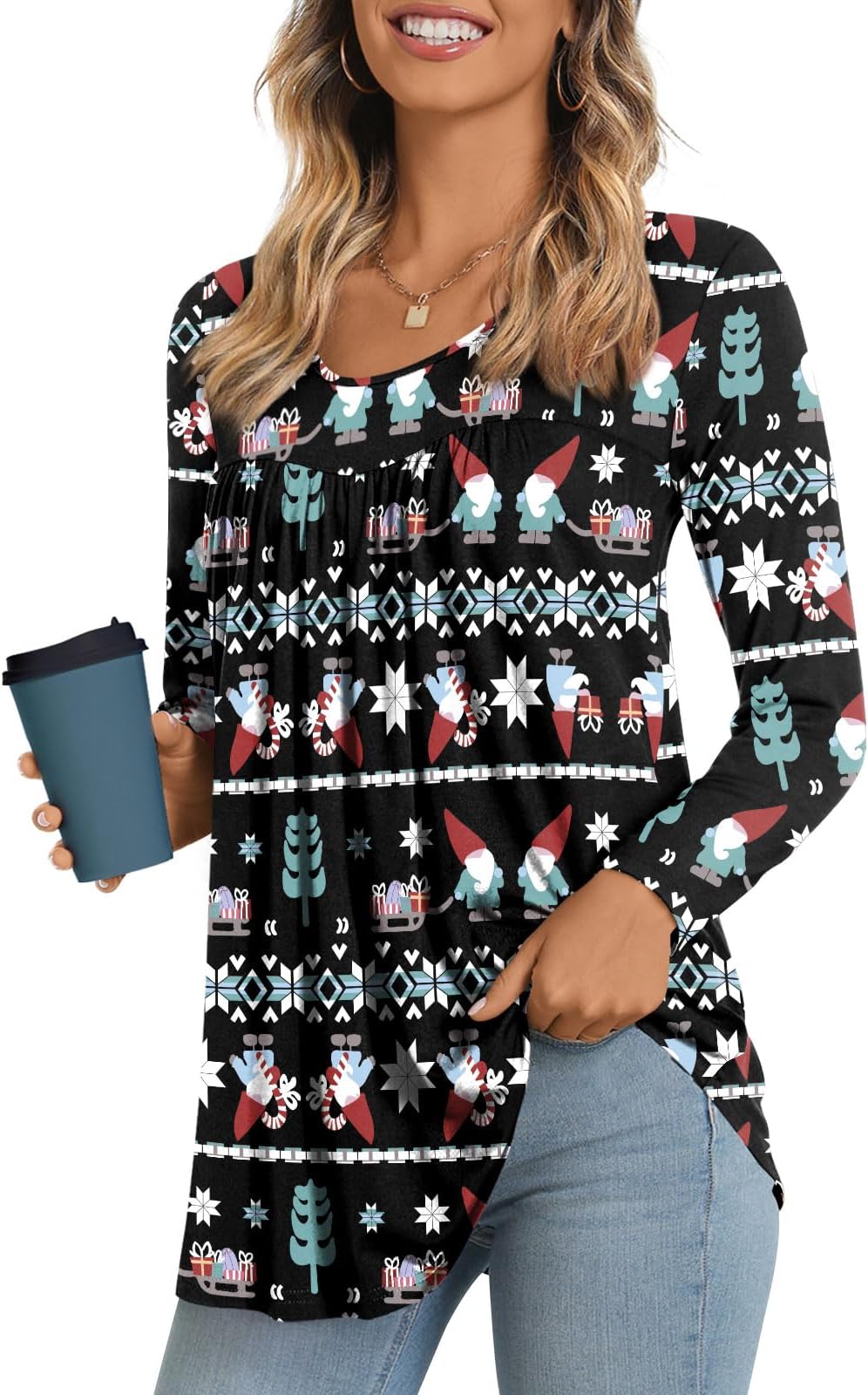 LONGYUAN Women's Long Sleeve Casual Tunics Tops 2026 Winter Loose Shirts Flare Blouse Comfy Elastic Cute