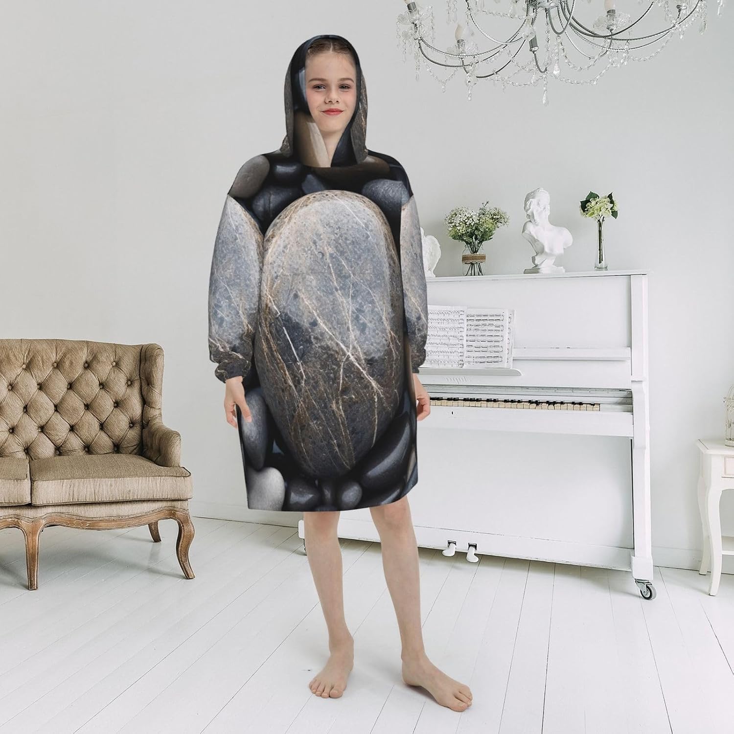 Beach Stone Print Oversized Blanket Hoodie, Wearable Blanket Hooded,Hooded Pullover With Pocket