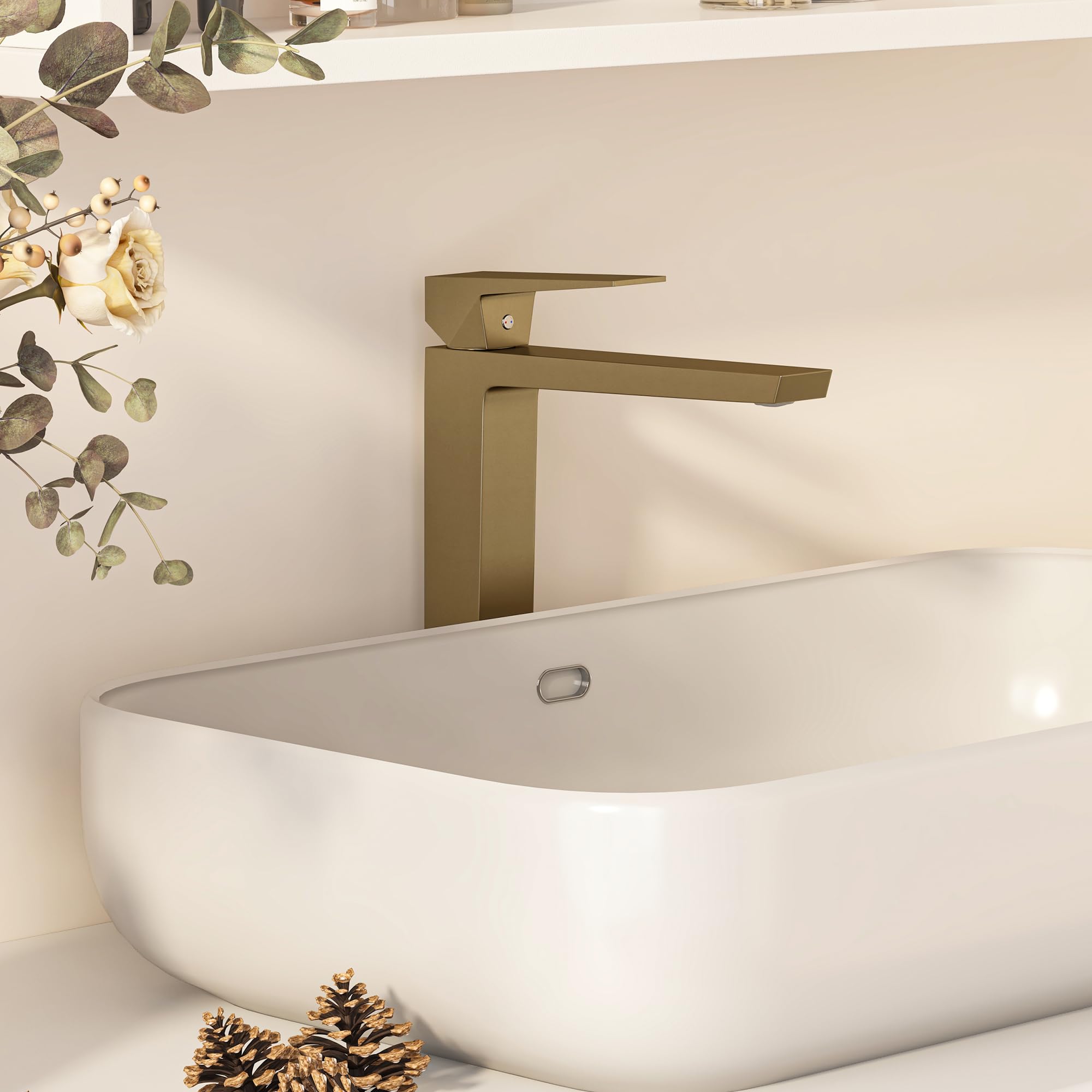 Wasserhahn Bad Einhandmischer, Anti-Spritz Waschtischarmatur Armatur, Badezimmer Sanfte Wasserstrahl Waschbecken Waschtischarmatur, Gold, Auslauf Höhe 230 MM