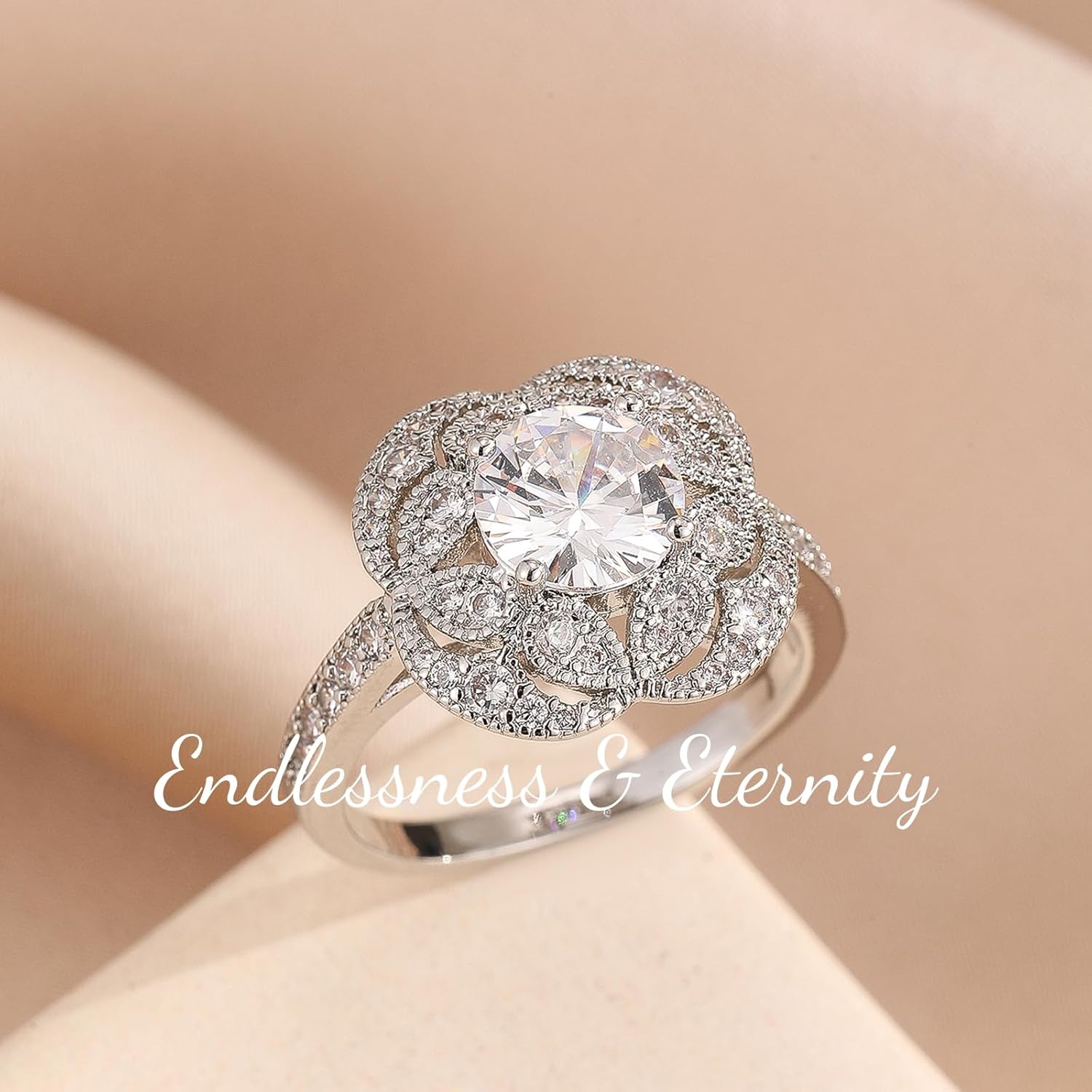 ENDLESSNESS & ETERNITY Flower Half Eternity Wedding Band Ring Cubic Zirconia CZs Stackable Cocktail Ring Statement Ring - Image 4